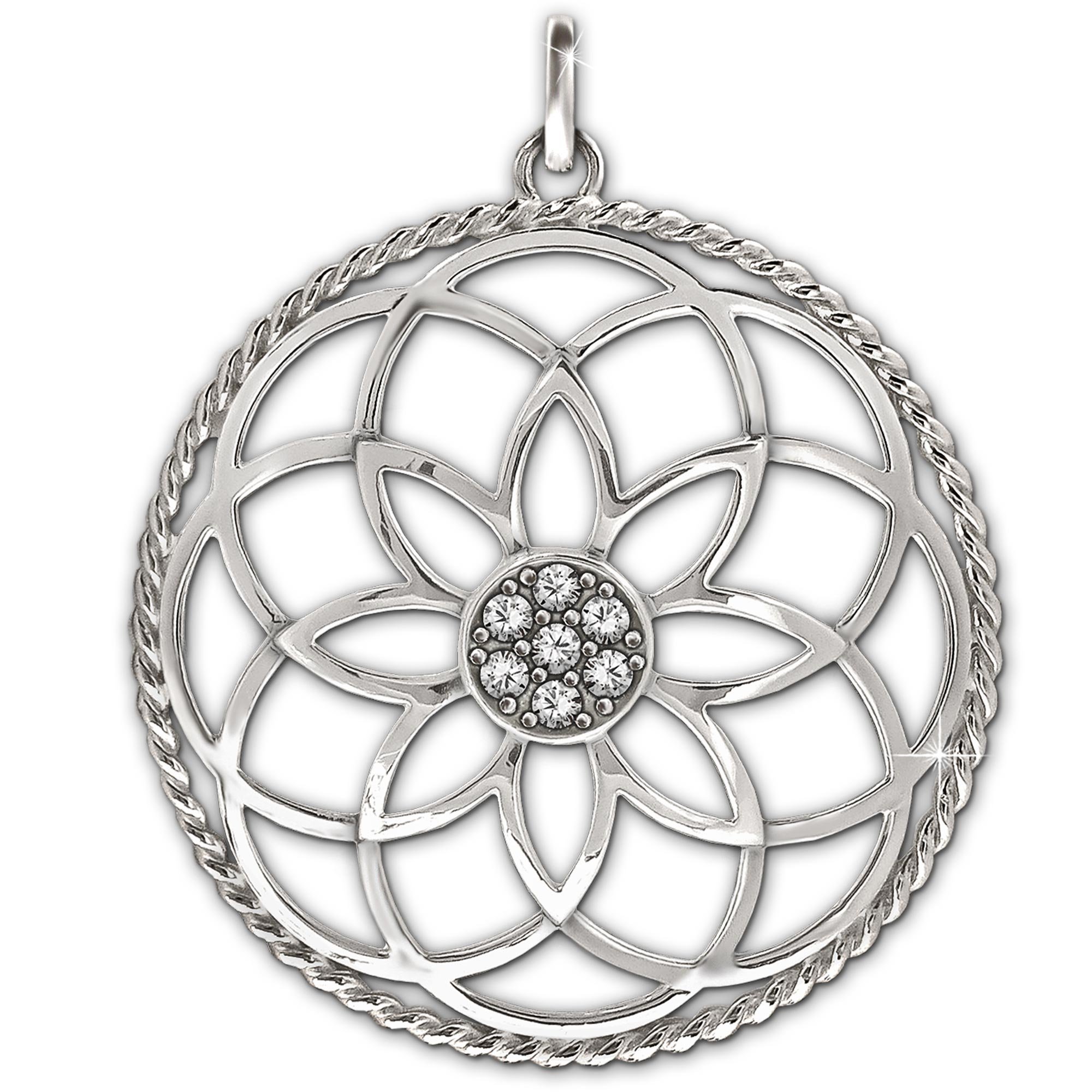 CLEVER SCHMUCK Lebensblume Silber für DAmen Ø 40 mm Blume des Lebens mit vielen Zirkonias glänzend 925 Sterling im Etui anthrazit