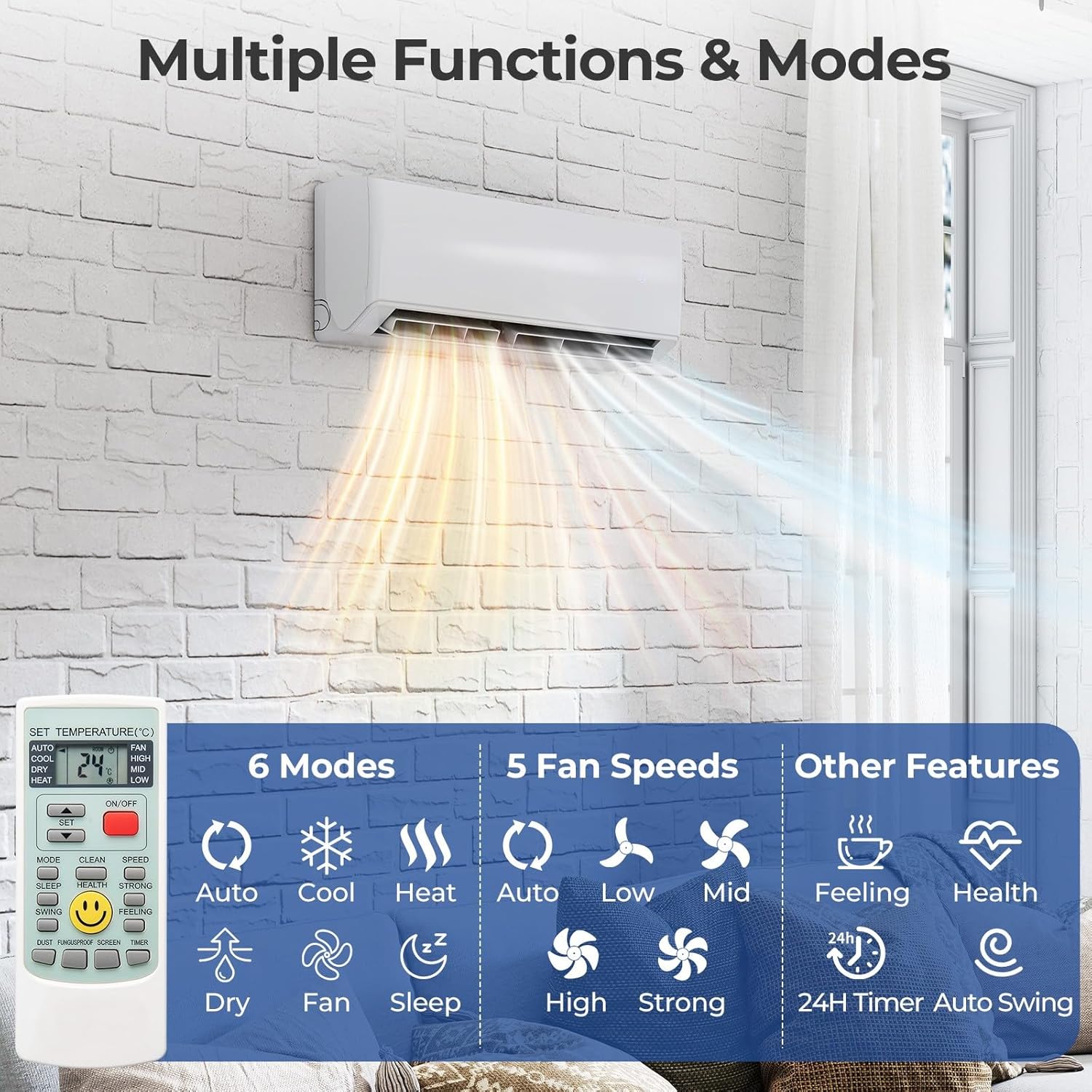 SIMOE Dual Zone 18000 BTU Mini Split Air Conditioner, 22 SEER2 208-230V, Pre-Charged Condenser, 7000 BTU + 12000 BTU Ductless Wall Mounted Inverter Air Conditioner & Heater Pump with Installation Kits