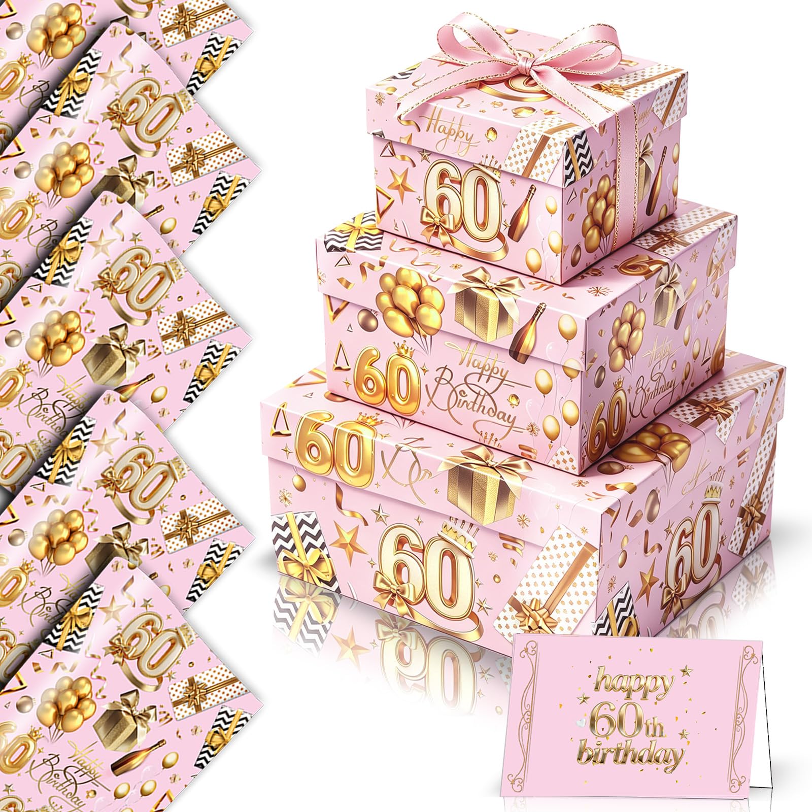 YAAVAAW Pink and Gold 60th Birthday Wrapping Paper Women,5 Sheets 50x70cm 3D Pink Happy 60 Birthday Gift Wrap Paper with Cards and 2m Ribbon for Ladies Woman Her Female 60th Birthday Gifts Decorations