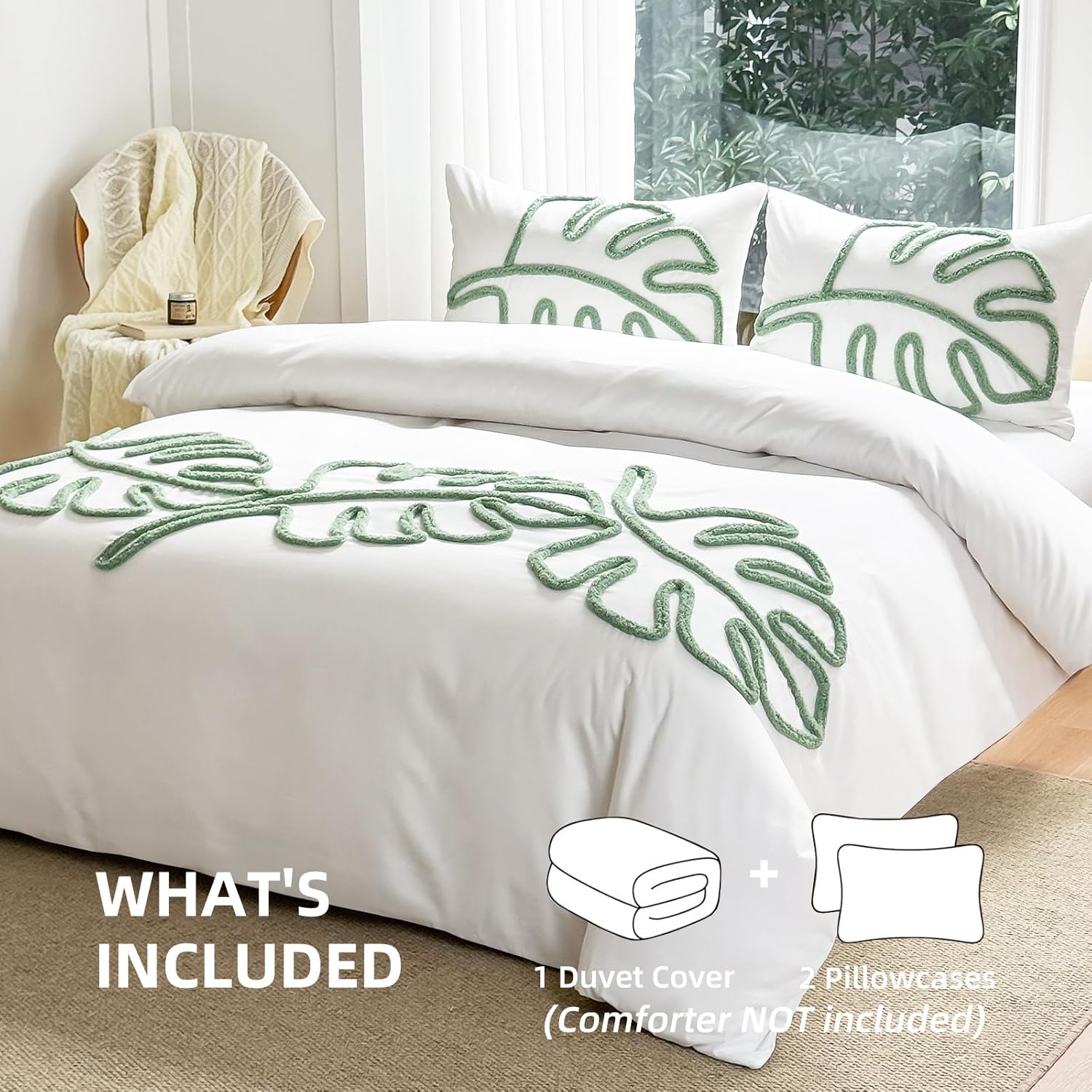 MEILA Washed Microfiber Duvet Cover Set Queen Size, Tufted Wavy Design 3 Pieces Bedding Set, Soft Bohemian Textured Embroidery Bedding Set with Zipper & Corner Ties, 90"*90"