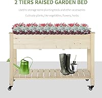 Vista 3 de Outsunny Cama de jardín elevada, 47 x 22 x 33 pulgadas, maceta de madera elevada con ruedas bloqueables, estante de almacenamiento y forro de cama
