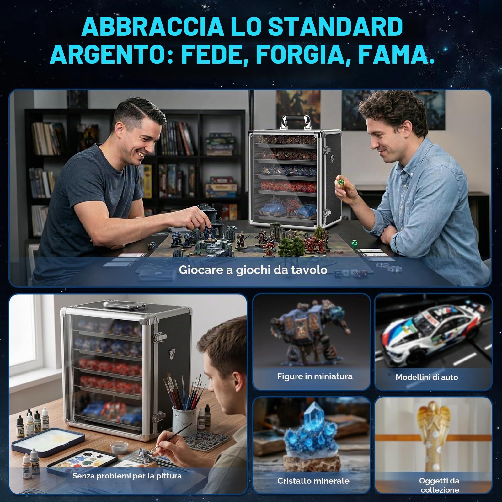 ONUEMP Valigetta per Miniature da Tavolo con Supporto per il Trasporto in Lega di Alluminio con Tracolla, 6 Scompartimenti, Argento
