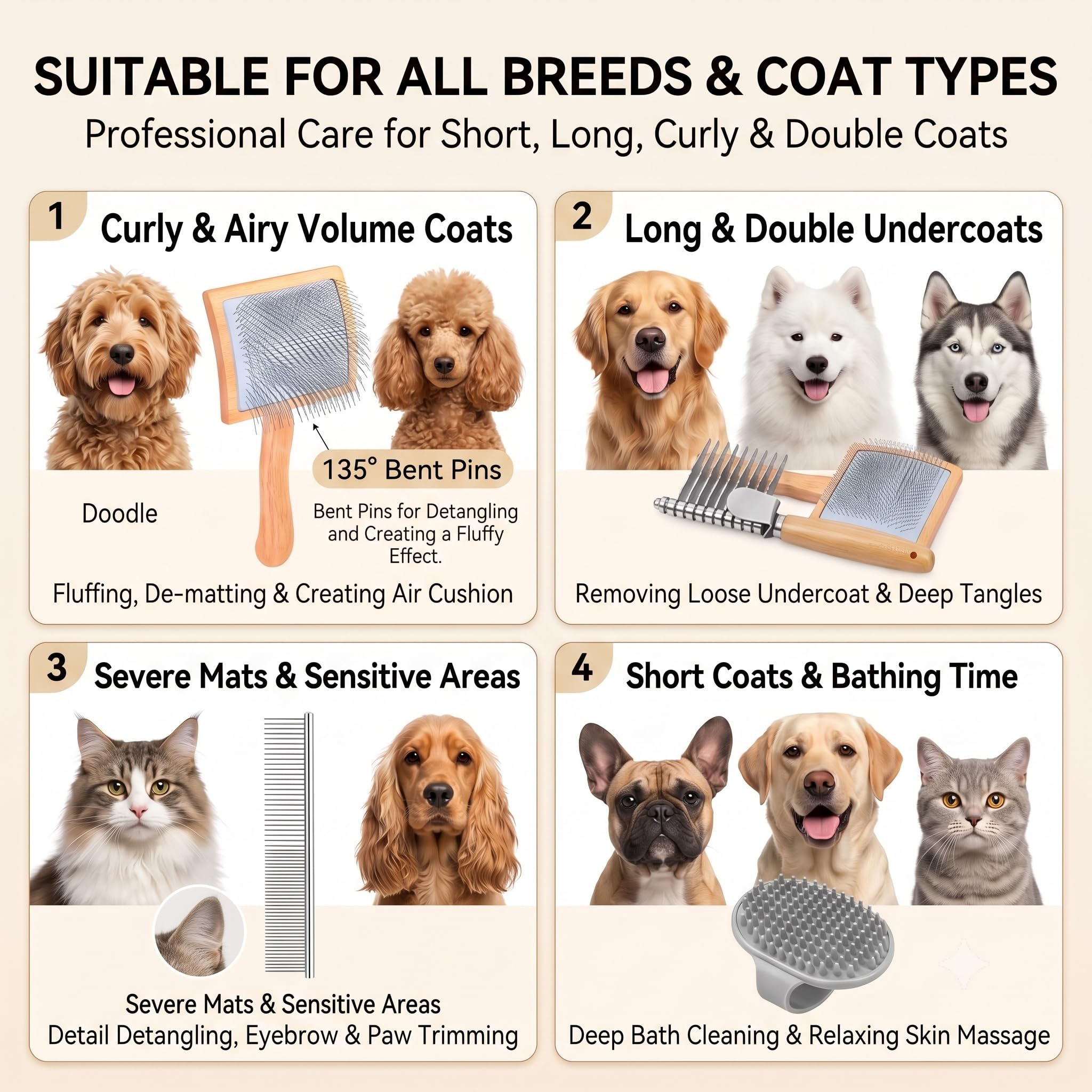 4 spazzole grandi per cani e gatti a pelo lungo, Goldendoodles, scarabocchi e barboncini, spazzola per cani con pettine per toelettatura e pettine in acciaio inossidabile, naturalmente