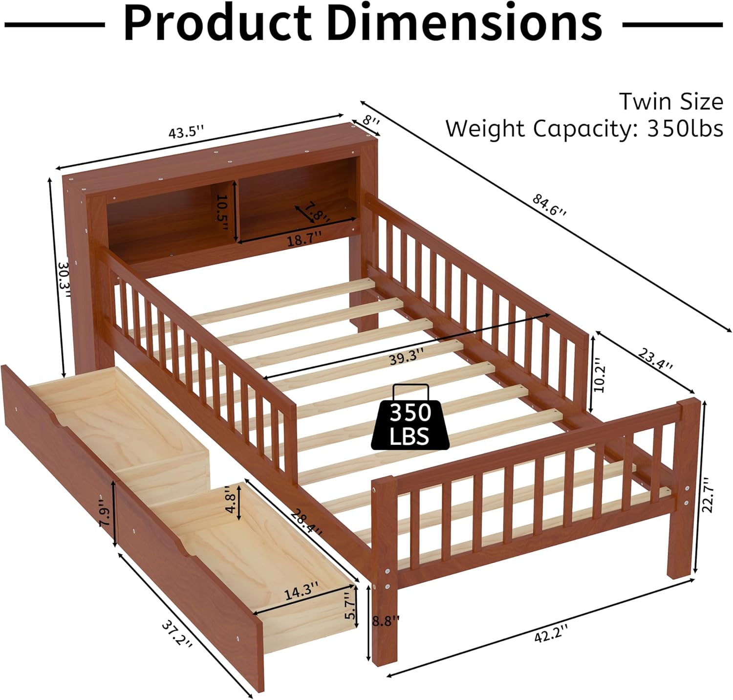 LUMISOL Vintage Twin Size Bed Frame with Storage Headboard, Wood Rustic Daybed Frame with Storage 2 Drawers, Wood Twin Bed Frame with Fence Rails, Walnut