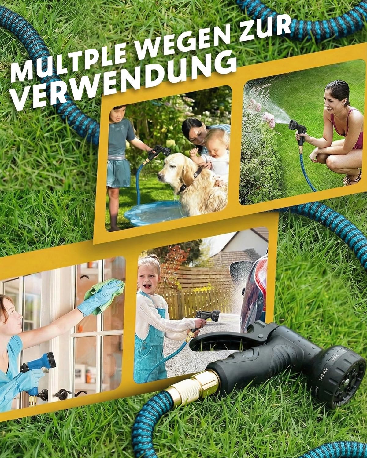 15M/50FT Flexibler Gartenschlauch, Ausziehbare Wasserschlauch mit 10-Funktionen-Sprühkopf, 3750D-Gewebe & 4 Lagigem Latexkern, 3/4 und 1/2 Zoll Metallverbindung, knickfrei für Garten & Terrasse