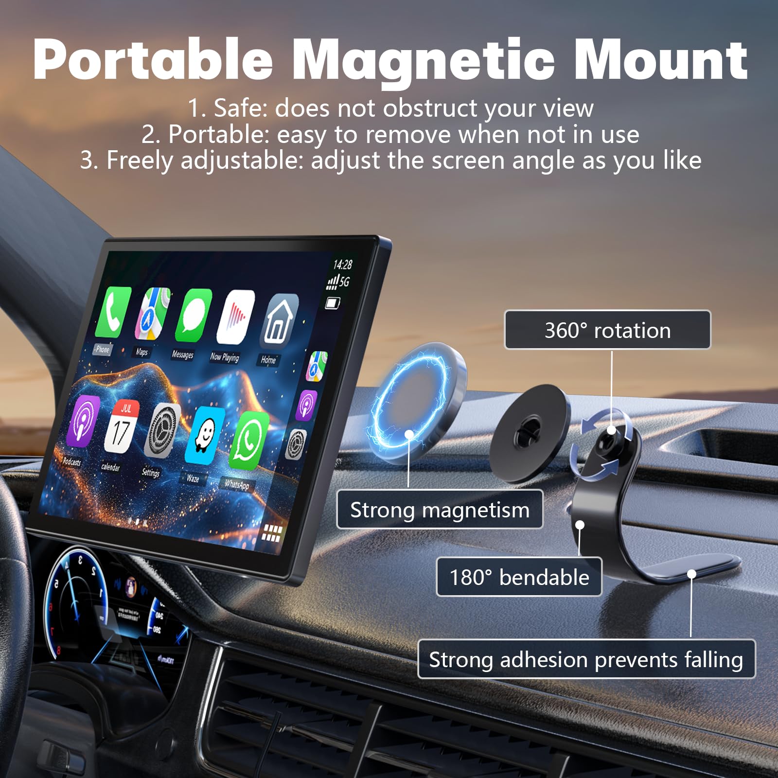 Ekran Carplay 9'' do samochodu, bezprzewodowa Carplay i Android Auto, obrotowy ekran do odtwarzania samochodu z kamerą cofania 1080P, ekran samochodowy Android z łączem lustrzanym, Bluetooth