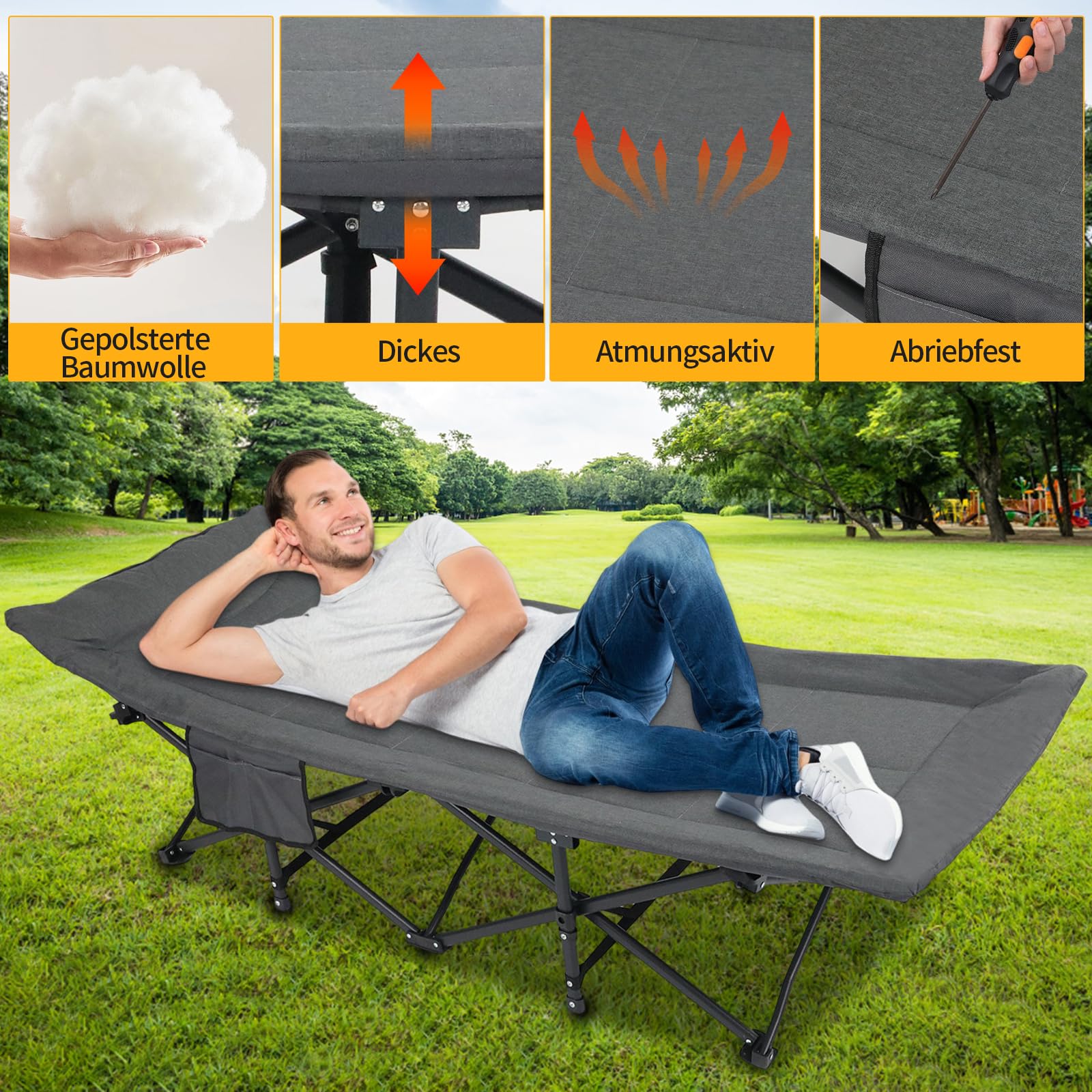 Campingbett klappbar mit Matratze Kopfkissen bis 200 kg für Outdoor Garten Angeln