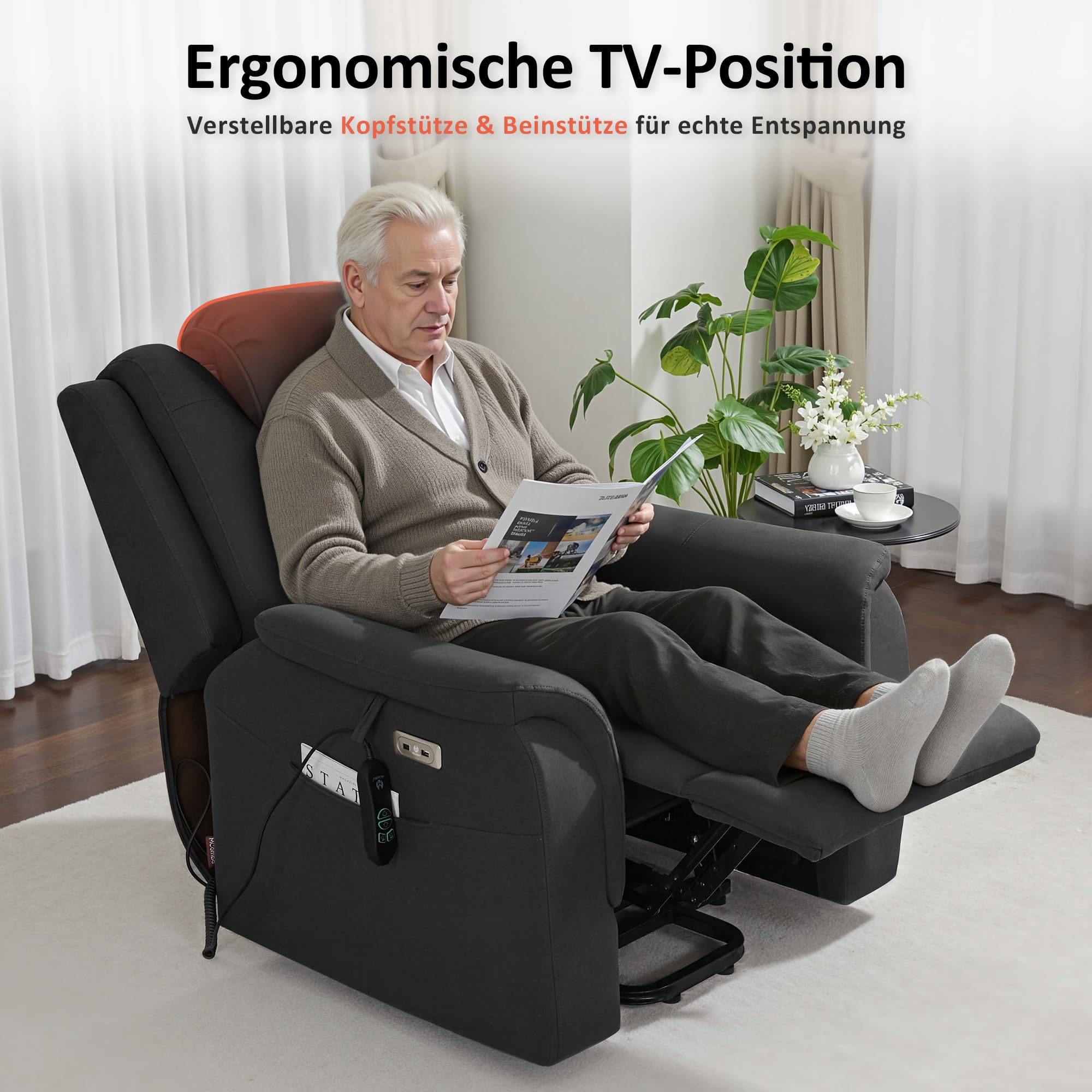 MCombo M poltrona da tv con assistenza elettrica per alzarsi, 2 ruote per mobilità, massaggio e riscaldamento, poggiatesta regolabile, cuscino in schiuma 35D 7269 (Grigio scuro-Microfibra)