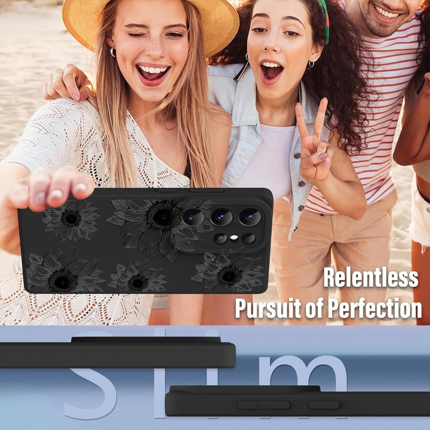 OOK Floral Case for Samsung Galaxy S25 Ultra Case, Cute Sunflower Floral Blooms Design Soft TPU Shockproof Protective for Women Girls Phone Cover- Black Flower - Image 6