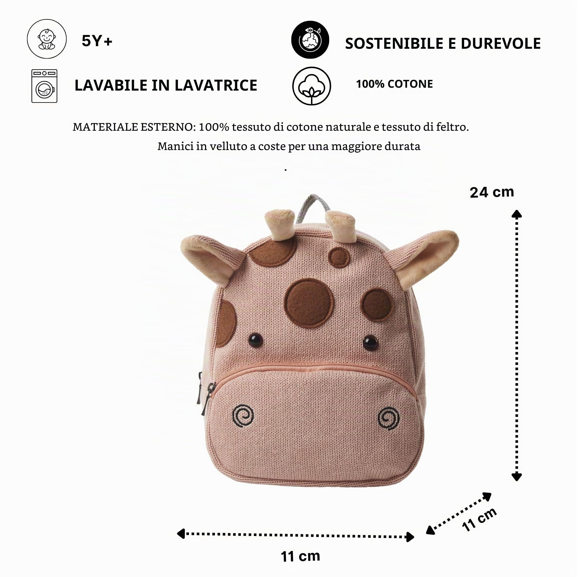 Crochetts | Zaino per bambini dai 2 ai 5 anni per asilo Pinky lavorato all'uncinetto con lana di cotone ipoallergenica | Doppia chiusura lampo e manici regolabili | Rosa