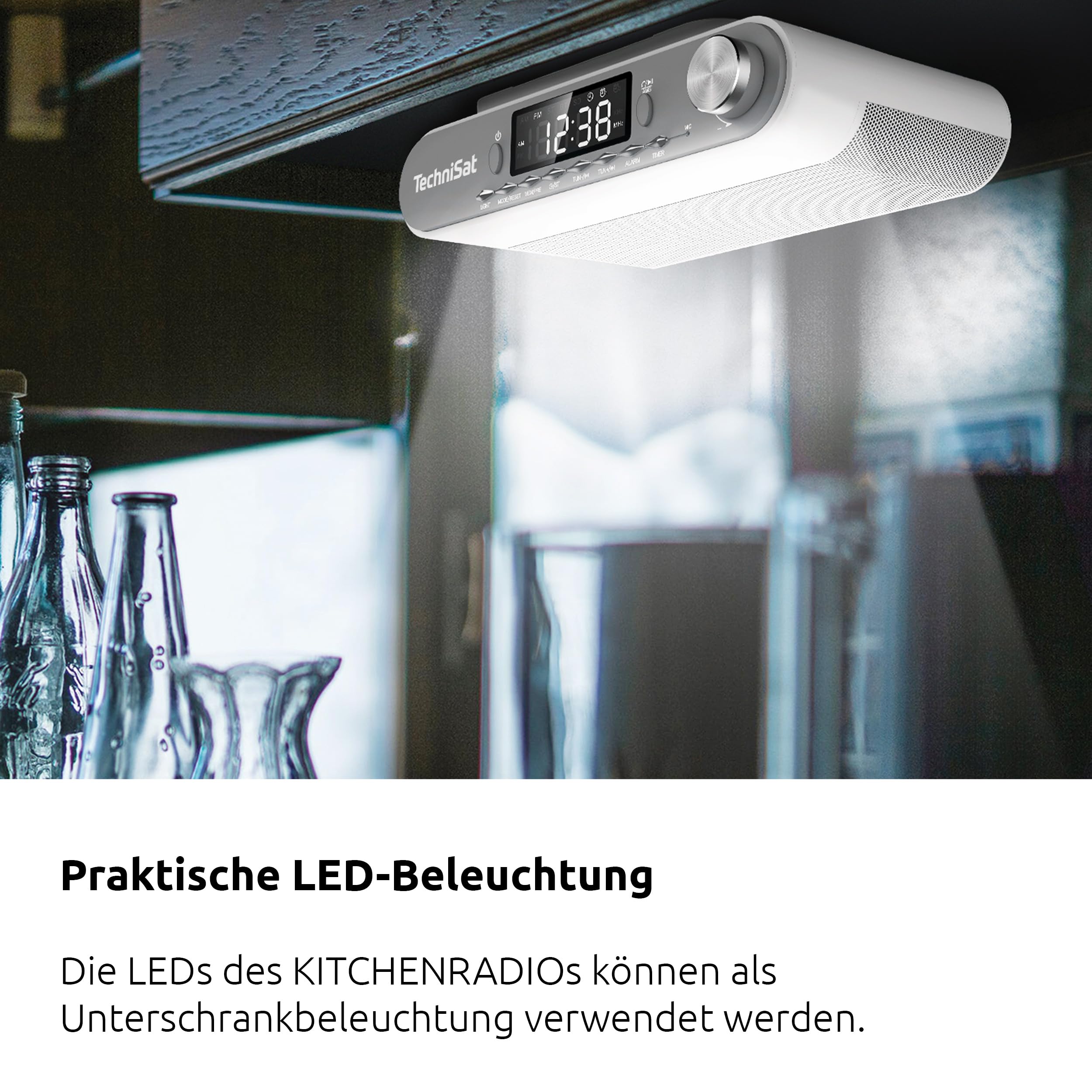 TechniSat KITCHENRADIO - Elegantes UKW-Unterbau-Küchenradio mit Arbeitsleuchte (Timer Direktwahltaste, Weckfunktionen, LED-Display, Unterschrankbeleuchtung, Bluetooth, Freisprecheinrichtung, 5 W)