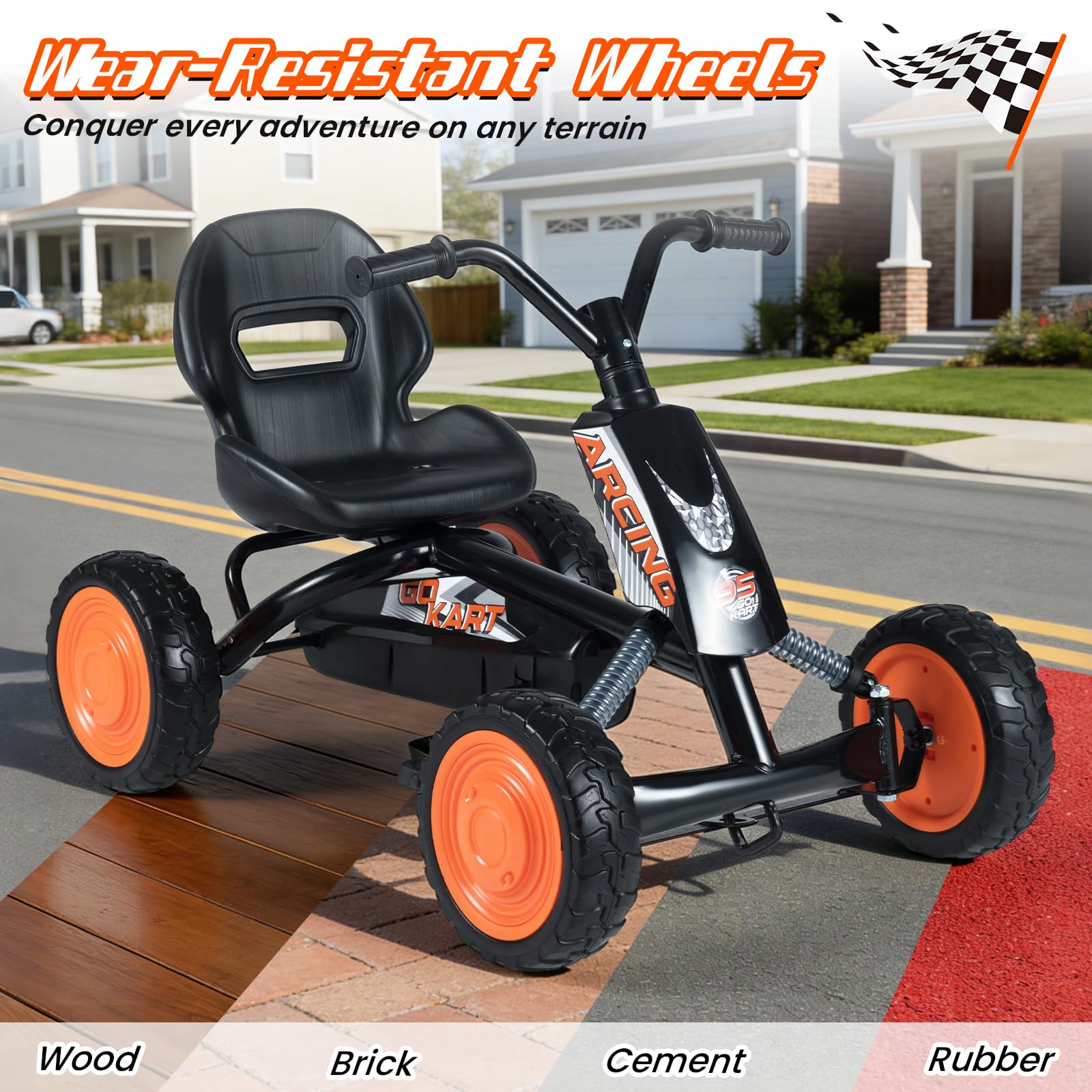 FANTASK Niños Gokart con Pedal, Asiento Ajustable, Marcha adelante y atrás, soporta hasta 30 kg, Coche de Pedal Exterior para niños y niñas a Partir de 3 años (Negro)