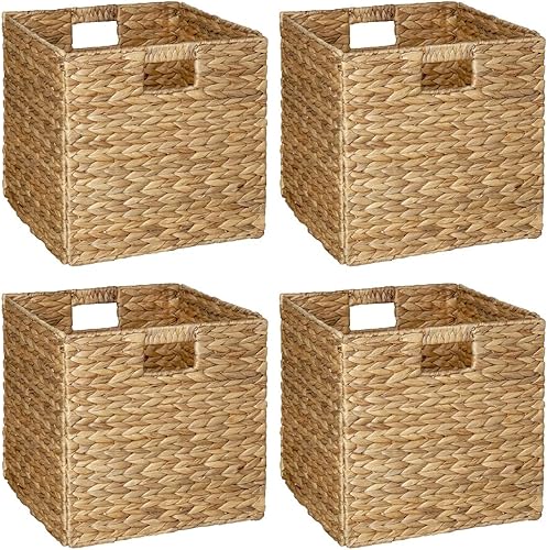 IsVie Cestas de almacenamiento de jacinto tejidas, paquete de 4, cestas organizadoras rectangulares de almacenamiento con asas integradas,