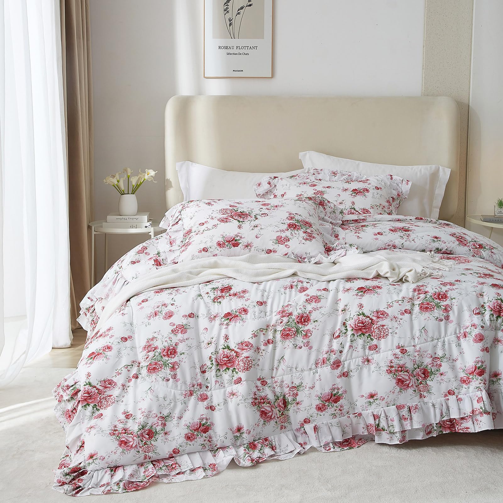 VM VOUGEMARKET Rose Flower Comforter Set King Size Romantic Girls Ruffle Bedding Comforter Soft Microfiber Botanical Comforter Set 1 Ruffled Comforter
