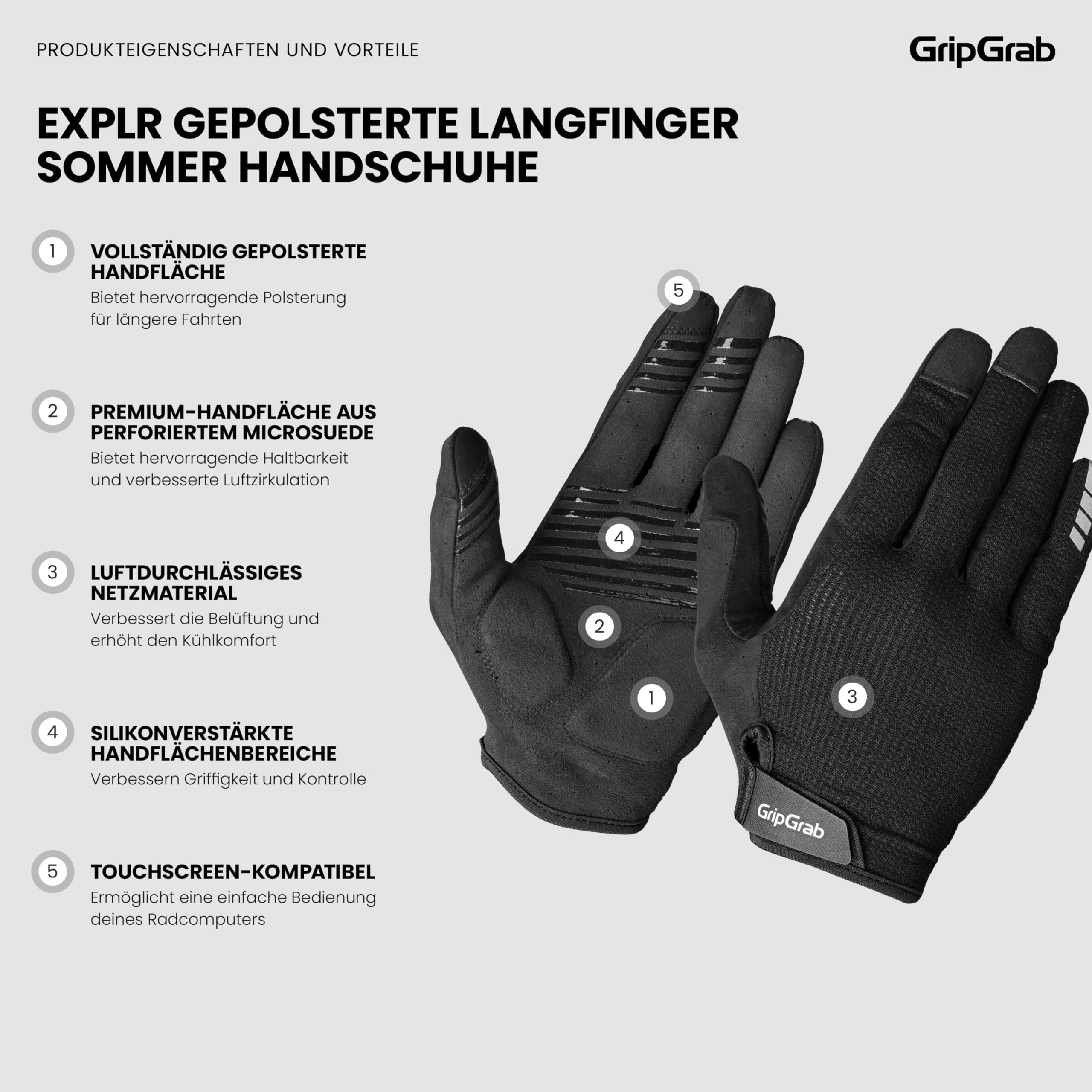 GripGrab EXPLR MTB Handschuhe Sommer - Langfinger Gepolstert | Mountainbike & Gravel Bike Fahrradhandschuhe - perforiertes Microsuede, Touchscreen, Klettverschluss, InsideGrip Anti-Rutsch