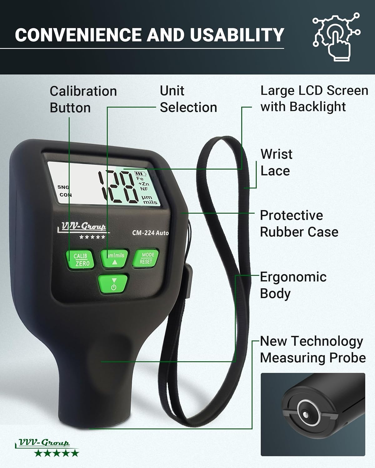 Paint Thickness Gauge CM-224 Auto – Digital Coating Thickness Meter for Cars and Automotive Inspection, Fe / Al / Fe+Zn Detection, 0.1 μm Resolution, Factory Calibrated, Large Backlit LCD