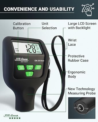 Paint Thickness Gauge CM-224 Auto Digital Coating Thickness Meter for Cars and Automotive Inspection, Fe / Al / Fe+Zn Detection, 0.1 m Resolution, Factory Calibrated, Large Backlit LCD