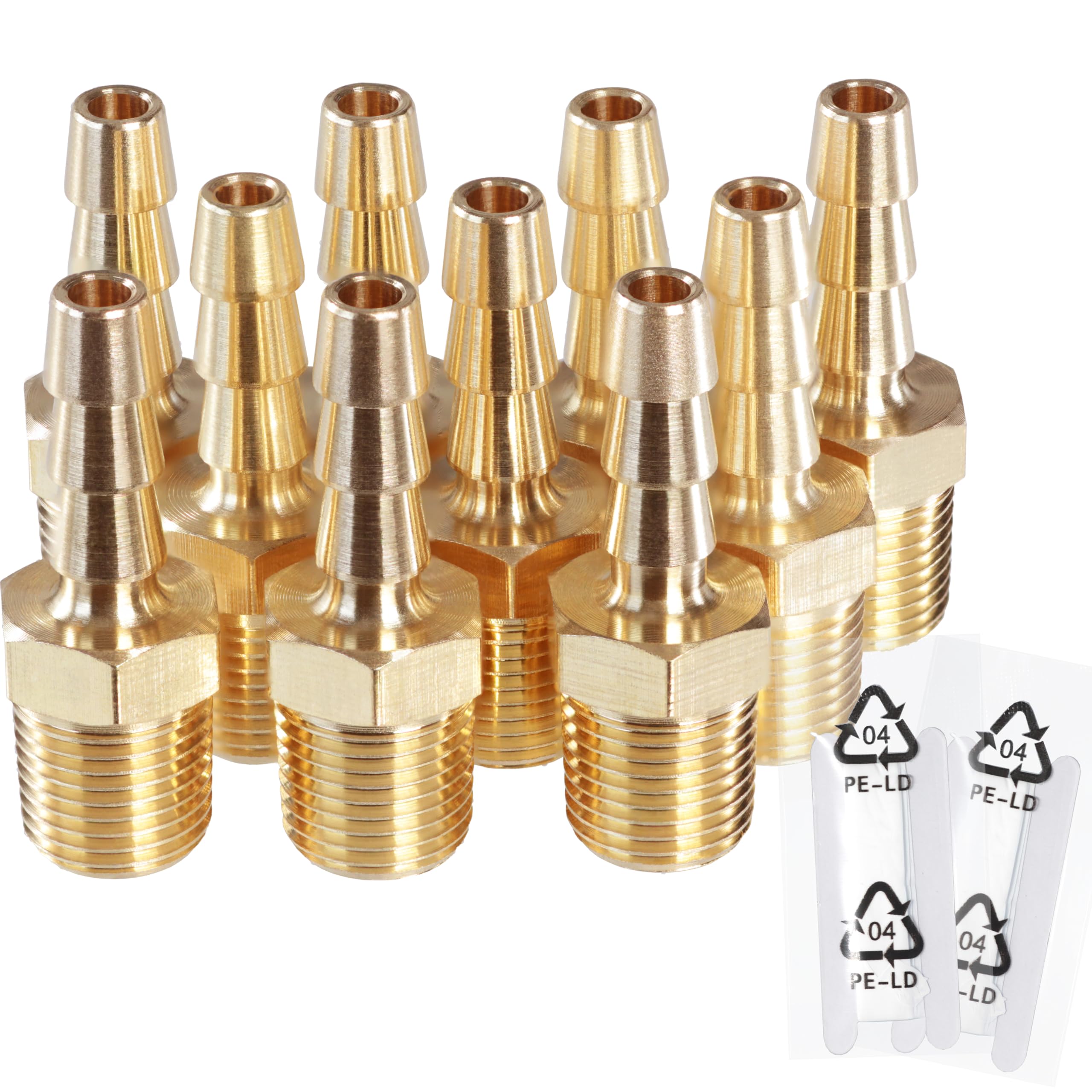 MSAEIQUN Brass Hose Barb Fittings，1/8 NPT to 3/16 inch Barb Fitting, Brass Metals Adapter Connector 10 PCS ，Ideal for Air, Fuel, Gas (3/16" Barb x 1/8