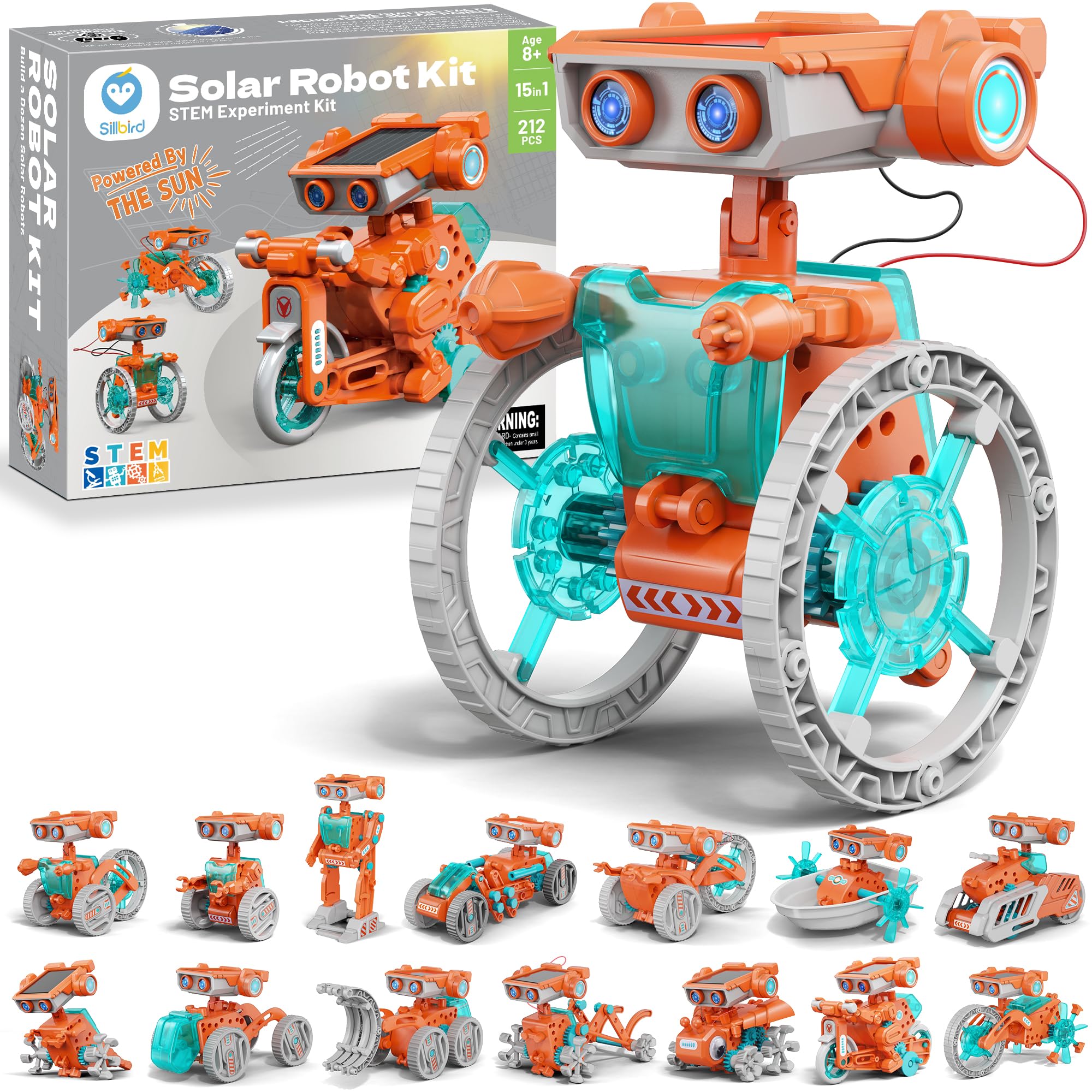 Sillbird 15 en 1 Robot Solaire, Robot Jouet Enfants, Robot Solaire Kit, Solaire Construiction Éducatif, Jouet de Construction, Cadeau pour 8 Ans et Plus, Cadeau Garçon 8 9 10 11 12 Ans, (212Pièces)