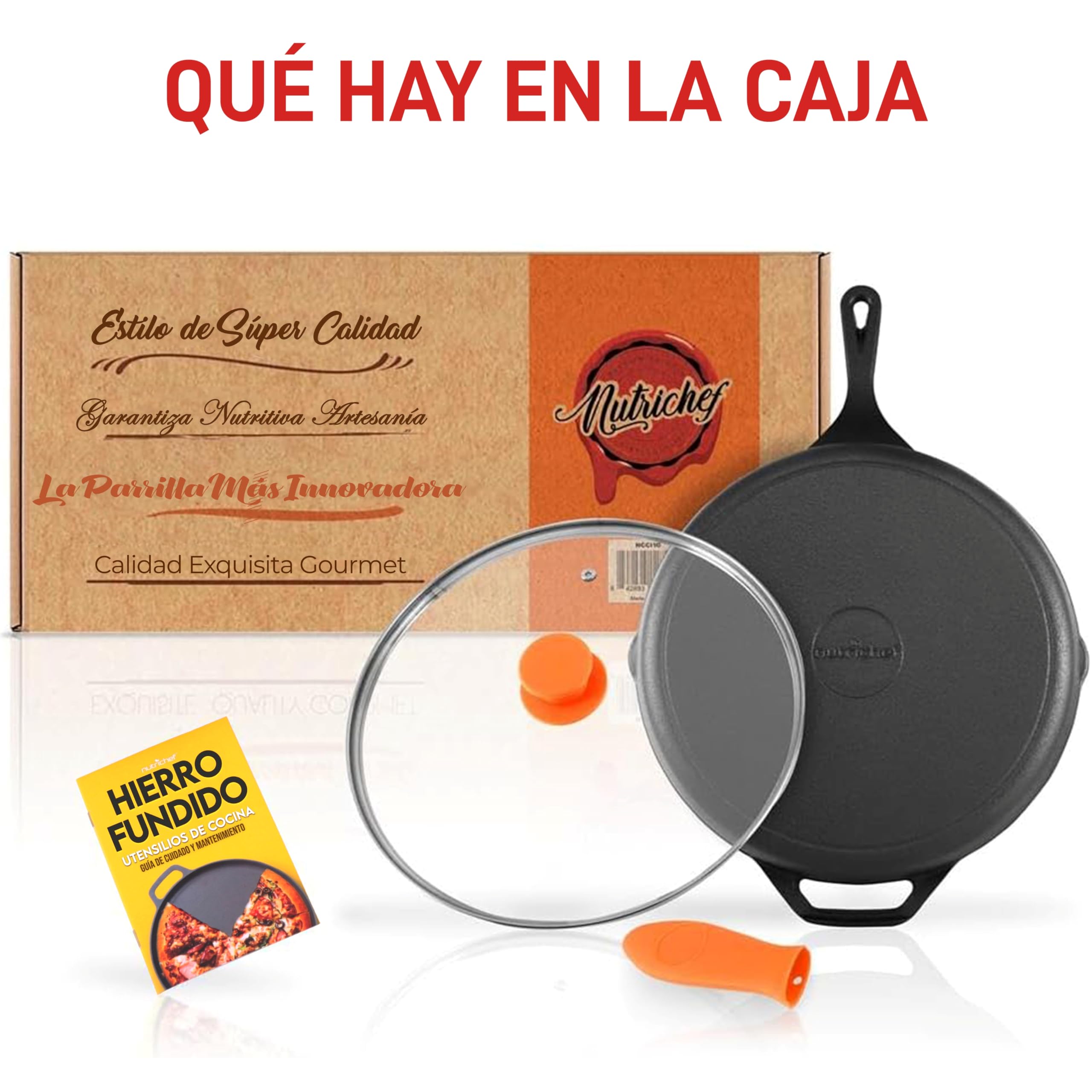 NutriChef Sartén de Hierro Fundido de 30,5 cm con Tapa, Apto para Horno, Antiadherente, Mango de Silicona, Para Todas las Cocinas