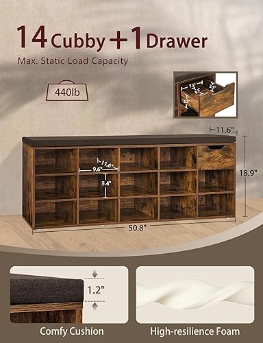 Miniatura 56 de DINZI LVJ Banco de zapatos, banco de almacenamiento de entrada con cajón y 8 cubículos, estantes ajustables, organizador de zapatos para sala de