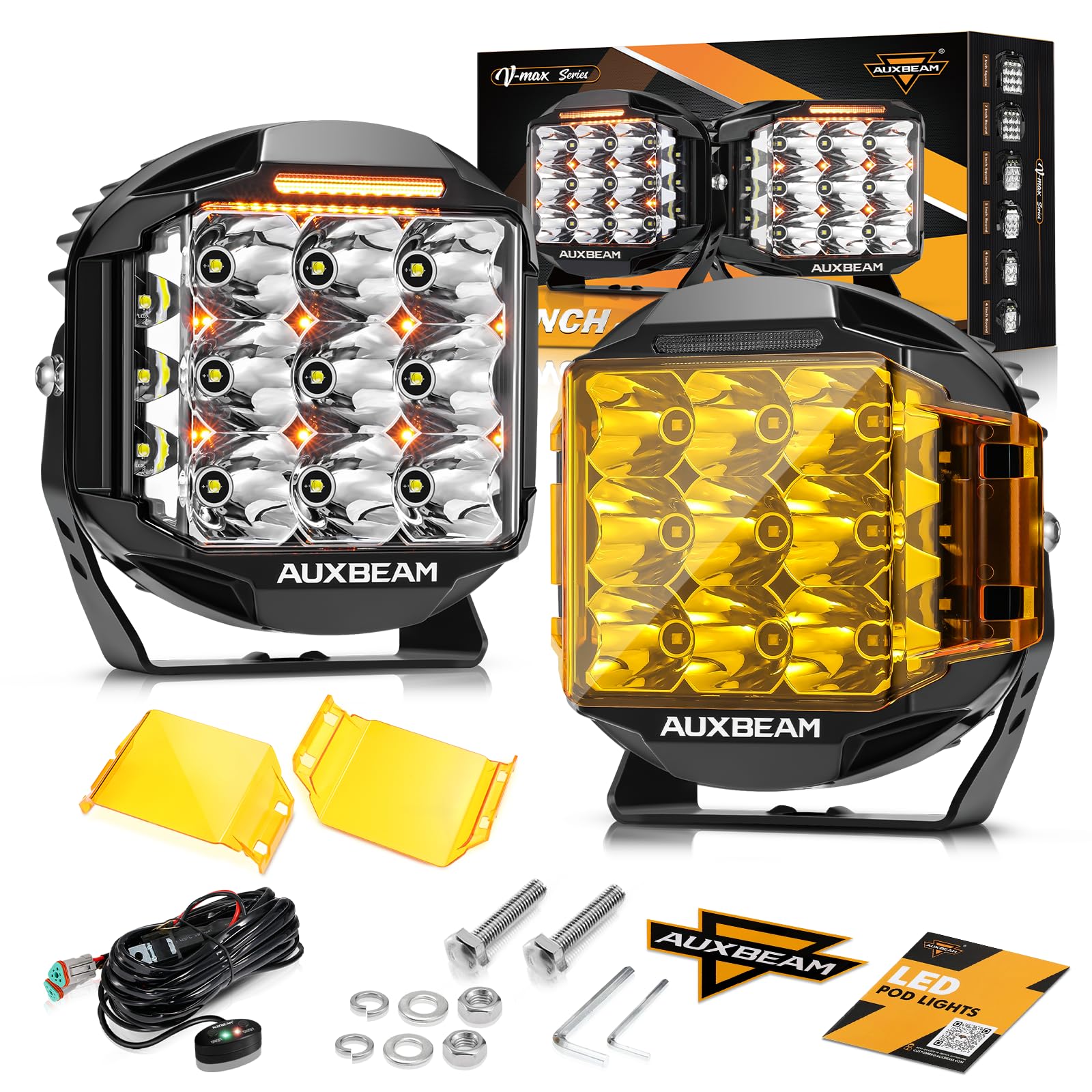 Auxbeam 7 Inch LED Pod Lights, 228W Super Bright Driving Side Shooter Lights with Amber DRL & Backlight, 270° V-MAX Series Cube Spot Flood Combo Work Spotlights Pod with Cover for Trucks SUV UTV ATV
