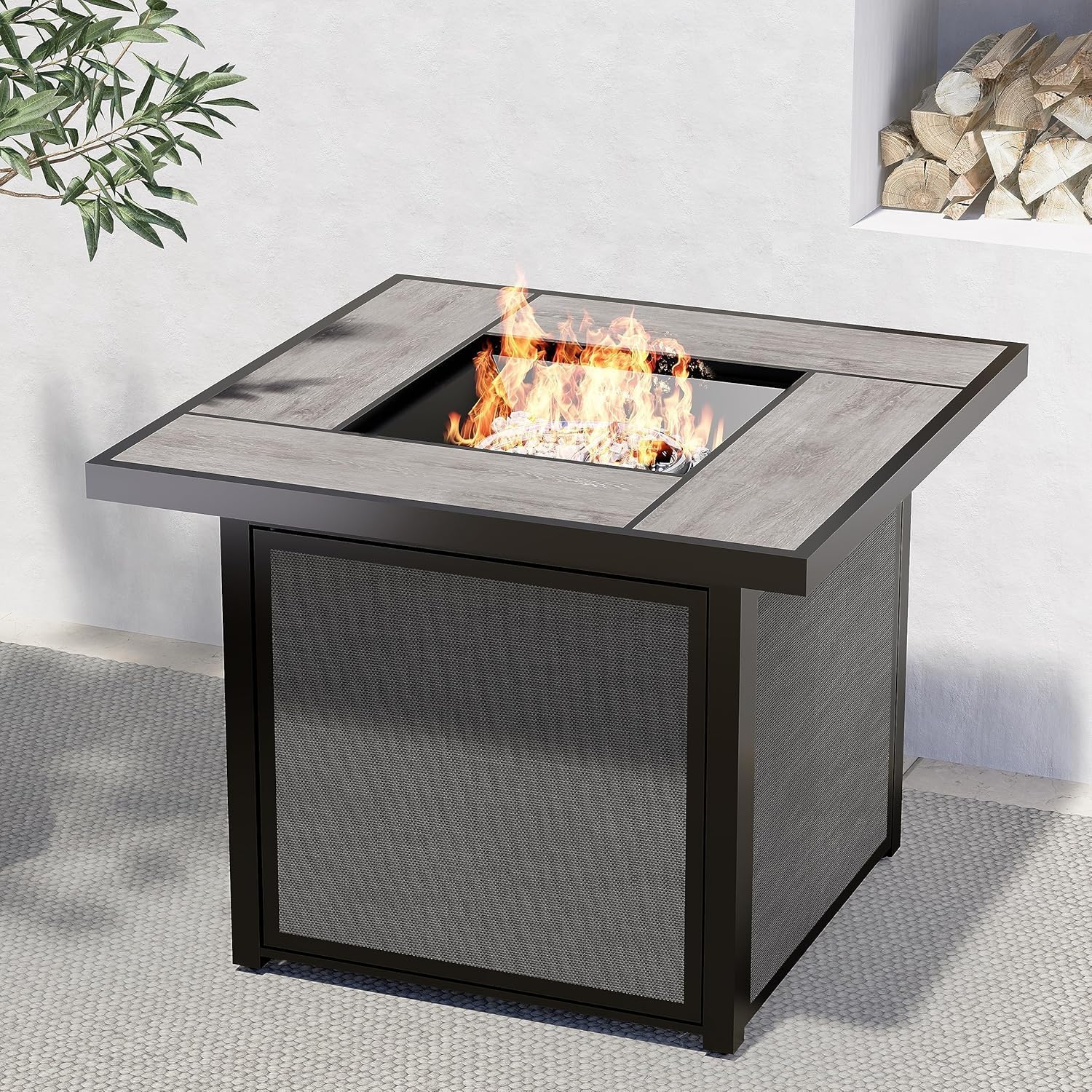 Grand Patio 32-Inch Outdoor Fire Pit Table 50 000 BTU CSA Approved Square Propane Fire Pit Table with Ceramic Tile Top Lava Rocks Outdoor Fire Table for Patio Garden Backyard