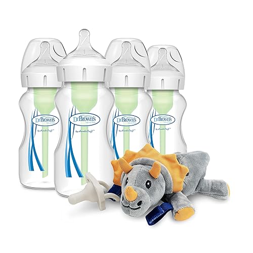 Dr. Brown's Natural Flow® Anti-Colic Options+™ Biberones de cuello ancho 9 oz/9.1 fl oz, con pezón de flujo lento nivel 1, paquete de 4 y