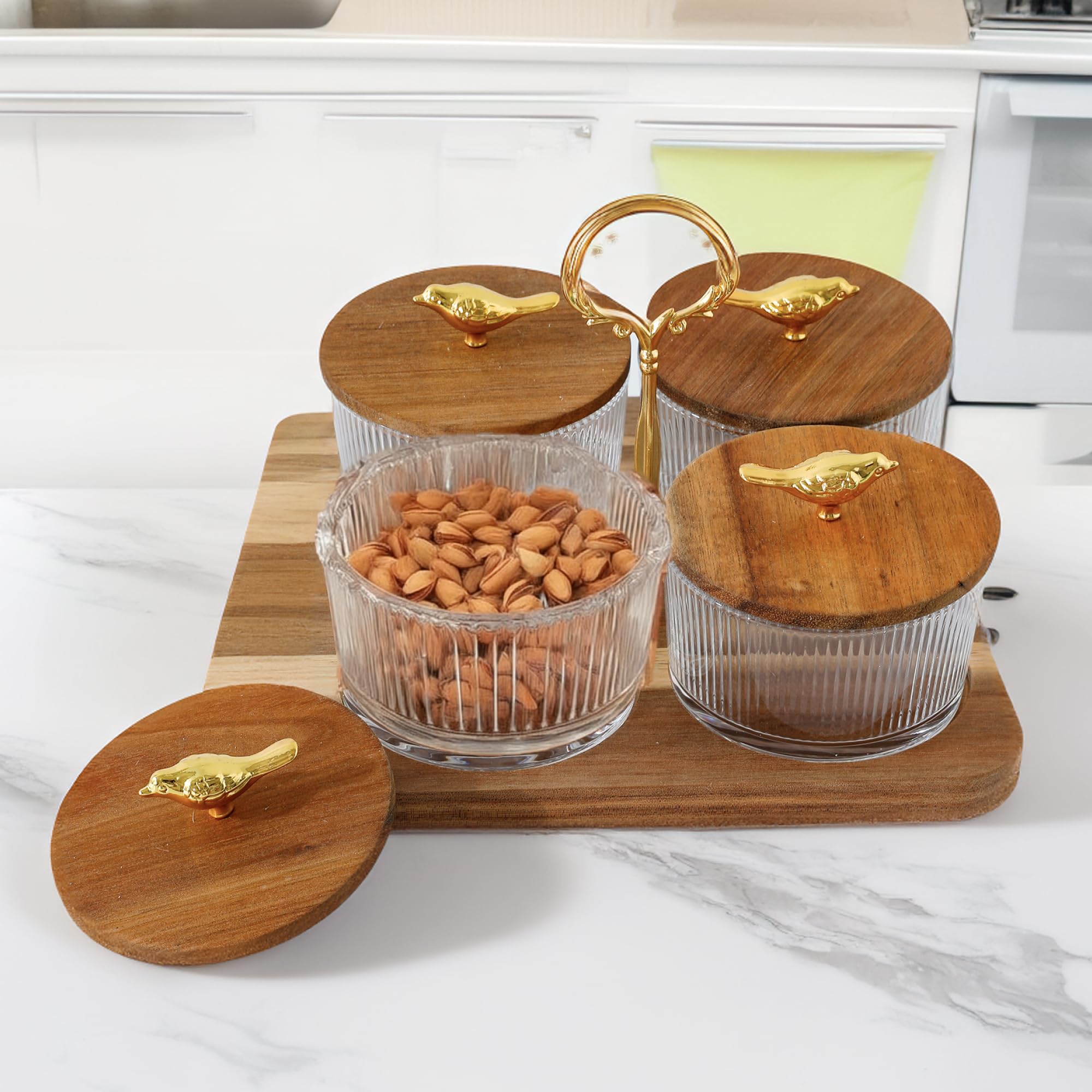 UMAI Platters Serving Set For Snacks With Wooden Tray & 4 Jars (160Ml each)|Diwali Gift|Premium Soda Lime Glass|Snacks Serving Bowls With Tray|Serving Tray With Bowls For Snacks (Design 1),Transparent