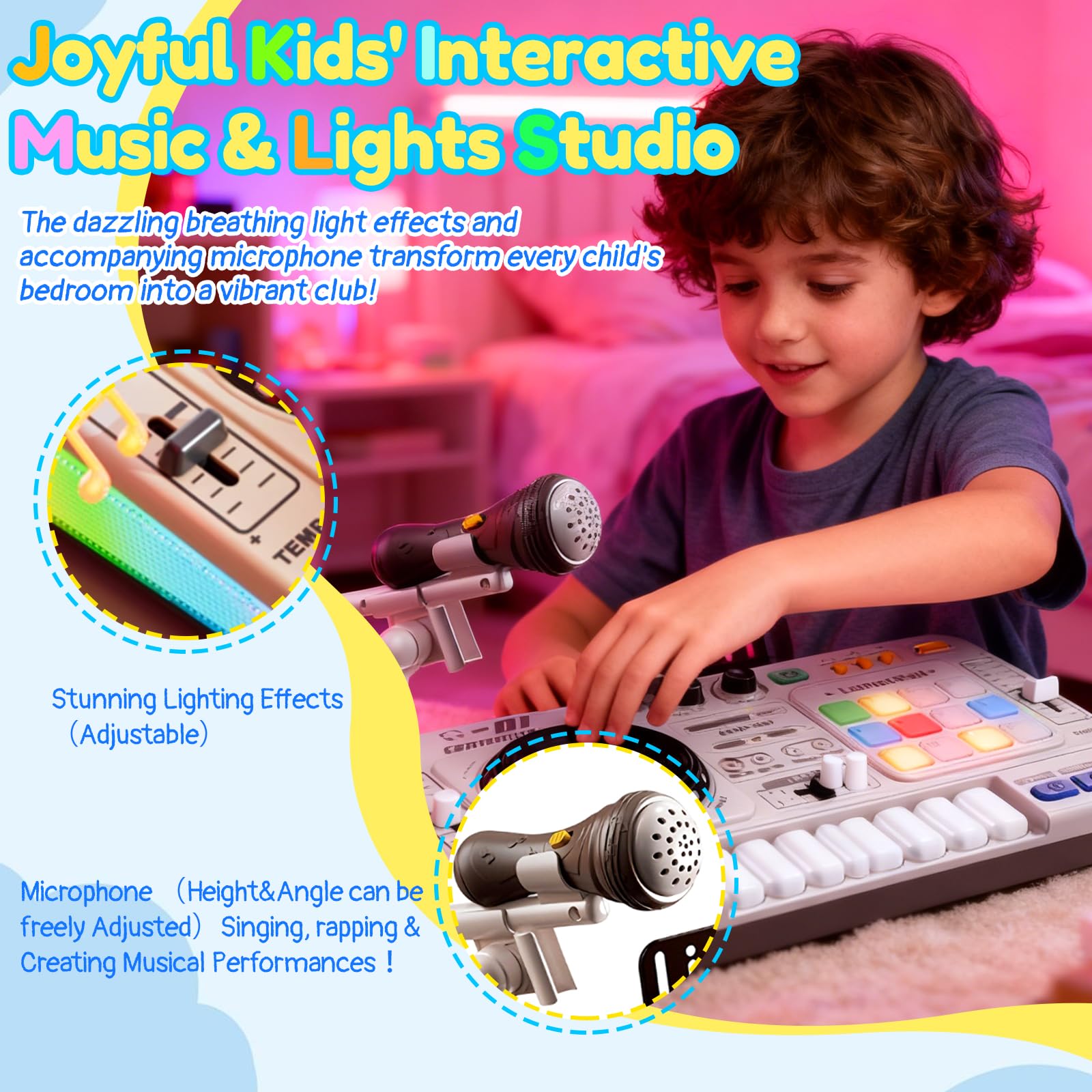 DJ Pult Kinder DJ Mischpult Kinder mit Mikrofon | Bluetooth Akku, 100 Soundeffekten, mit Aufnahmefunktion Interaktives Musik-Lernspielzeug für Jungen Mädchen 3-12 Jahre