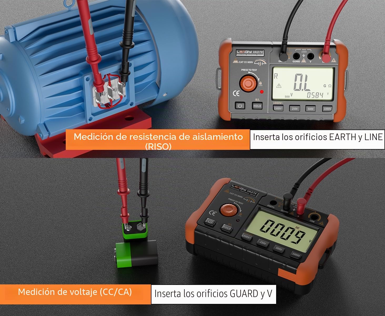 LEAGY VAD78 Tester de Resistencia de Aislamiento Digital - Megóhmetro Preciso para Pruebas de Voltaje DC/AC (20-1000V, 20-750V) y Medición de Resistencia (0-5000 megohmios)