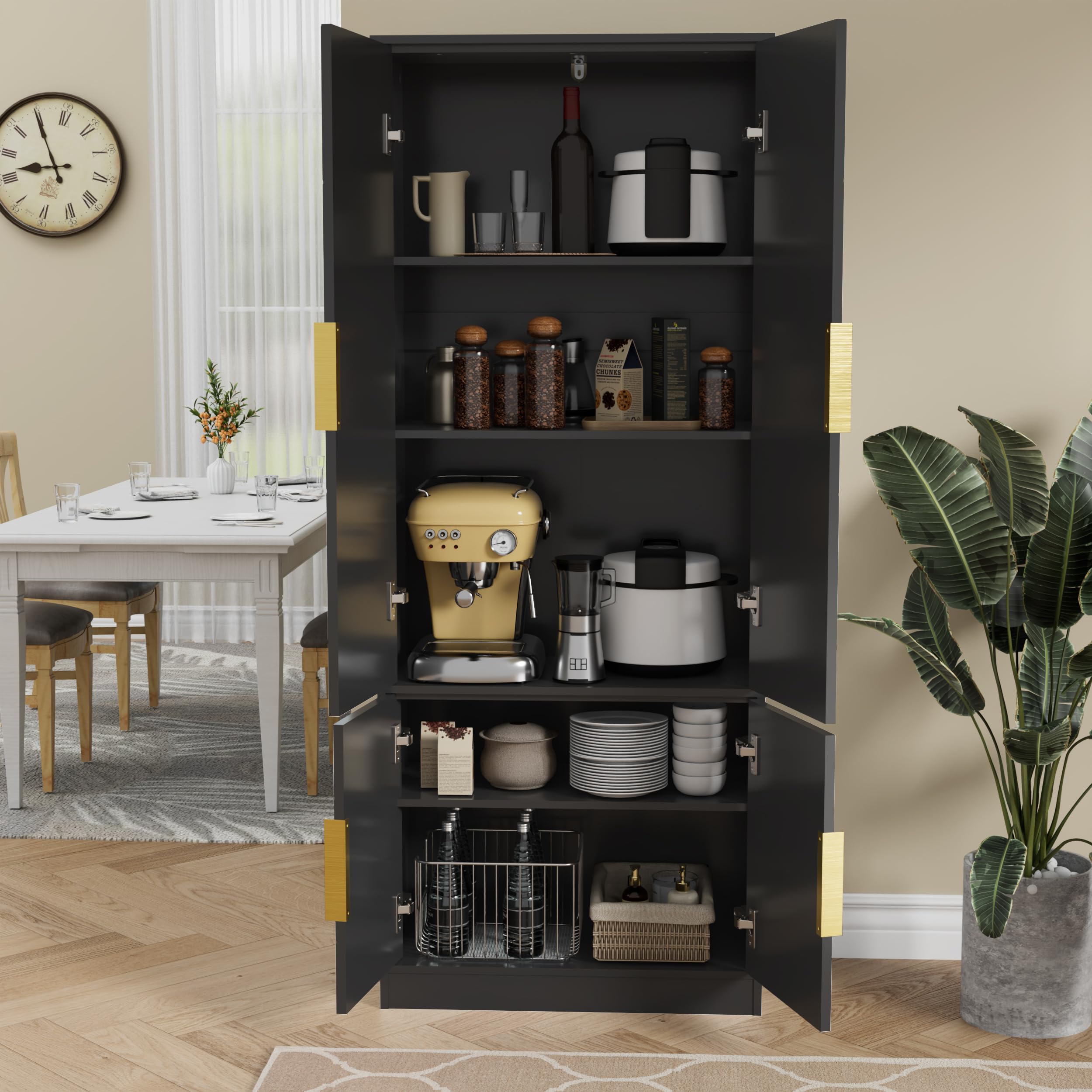 UEV Credenza Cucina Alta 150CM Design Diamante, Armadietto Highboard con 4 Ante, Grande Spazio di Archiviazione, Armadio Buffet Cucina Sicuro con Design Antiribaltamente, 60 x 30 x 150 cm, Nero
