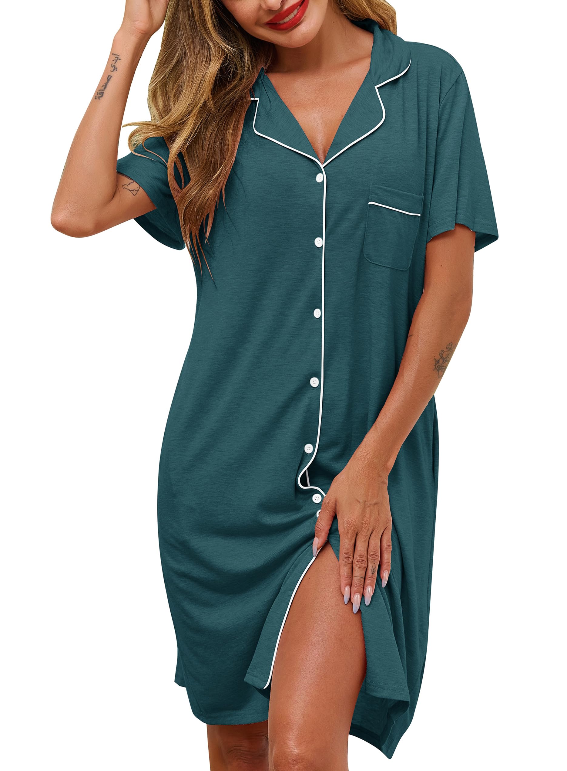 Lovasy Nachthemd Damen Kurzarm Baumwolle Schlafshirt mit Knöpfen Sommer Nachtkleid Sleepshirts mit Taschen