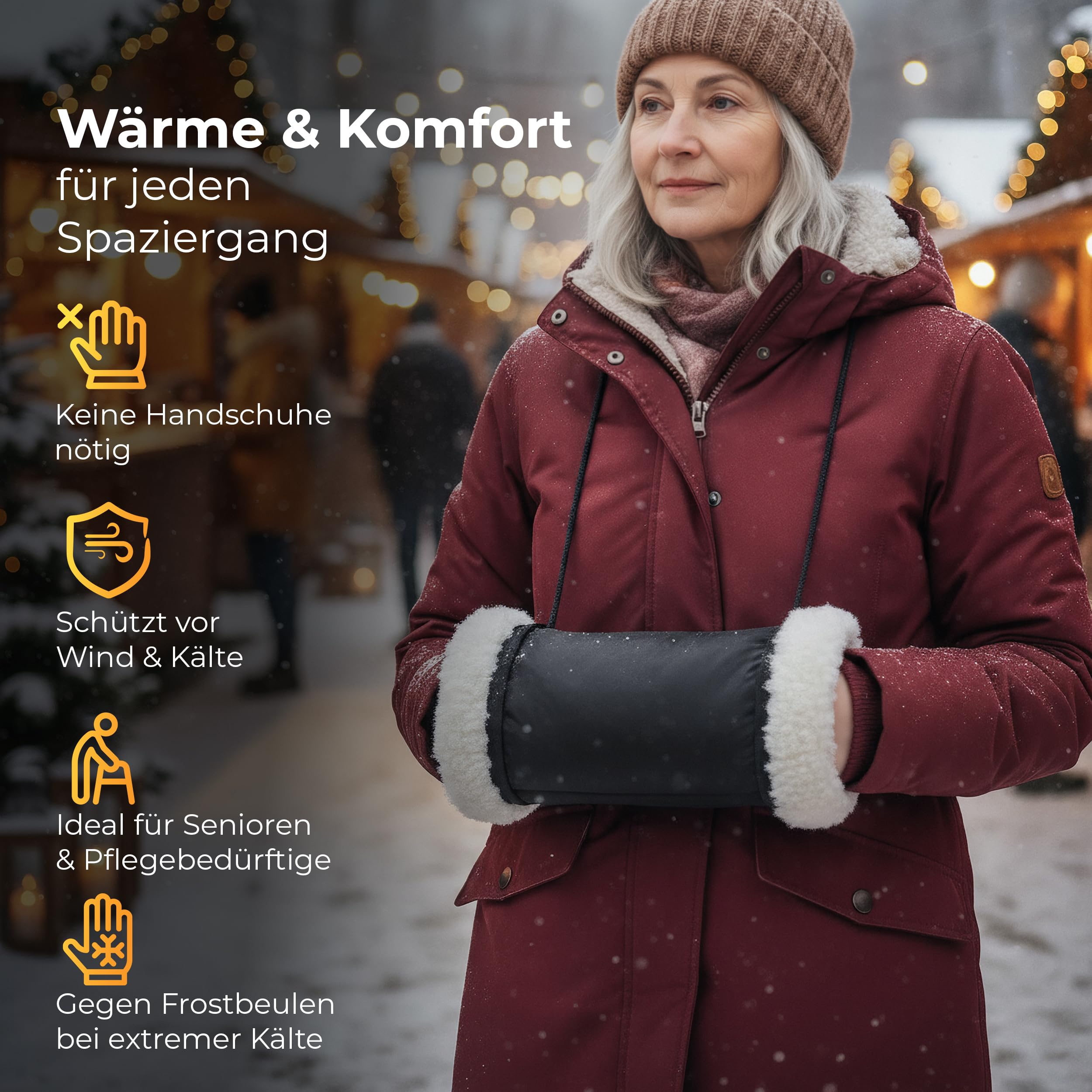 Novaliv Handmuff 1er Set – Handwärmer ohne Strom aus 100% Schurwolle, außen wasserabweisend – kuscheliger Muff gegen kalte Hände für Winter, Spaziergang, Stadt und Weihnachtsmarkt warm Sein