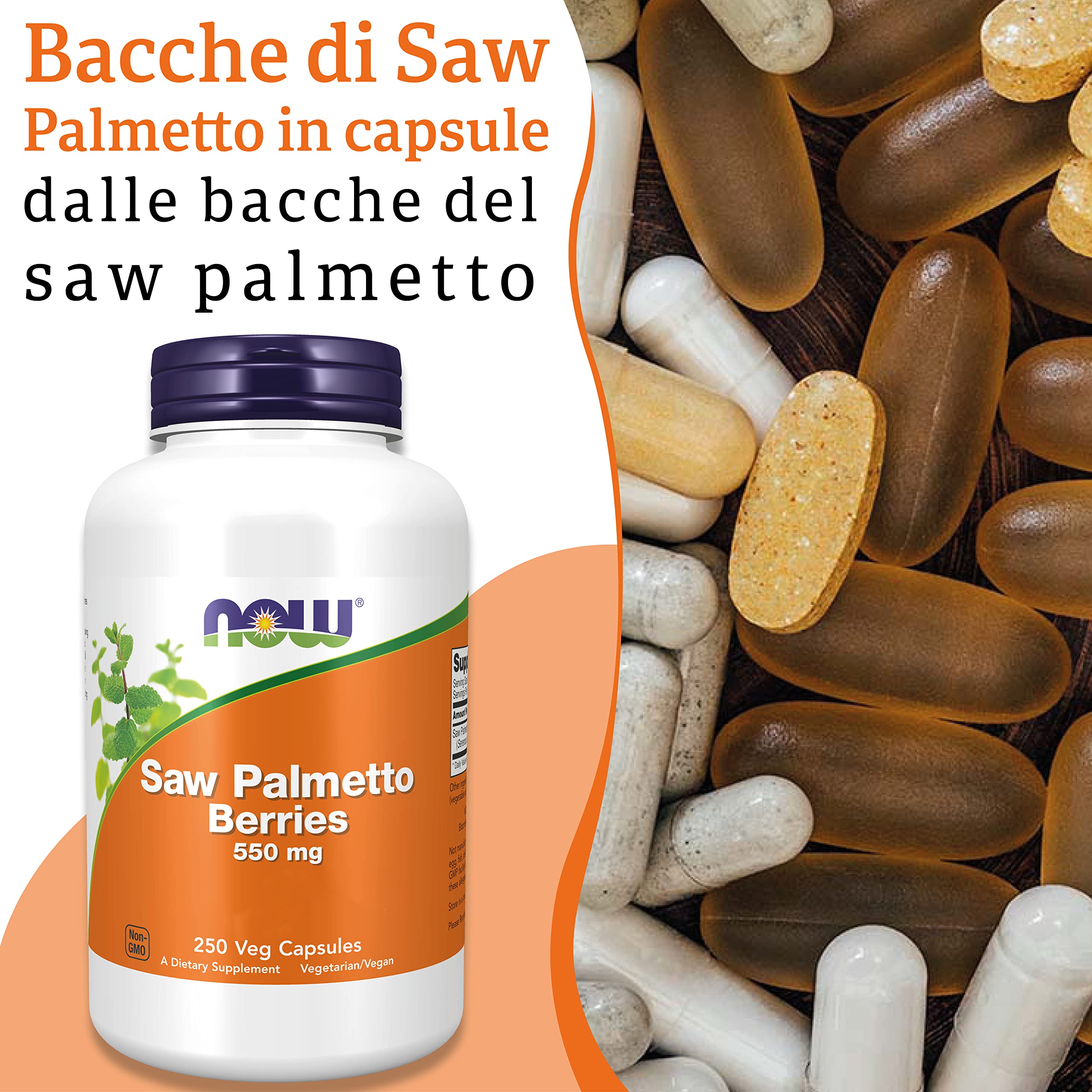 Now Foods, Saw Palmetto Berries (Bacche di Saw Palmetto), 550mg, 250 Capsule vegan, Testato in Laboratorio, Vegetariano, Senza Glutine, Senza Soia