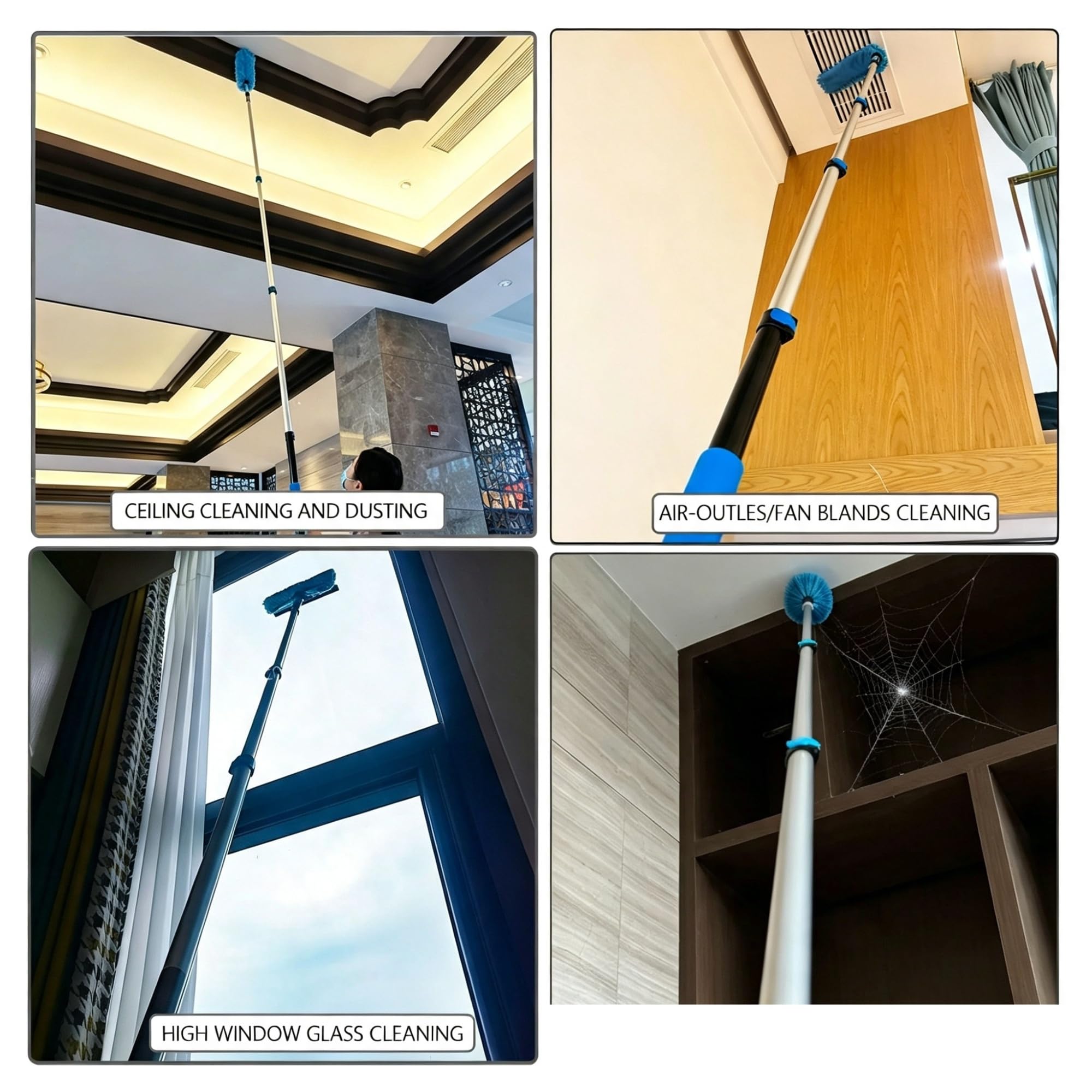 Kit de plumero con barra de extensión de 12 pies, cepillo for telaraña de techo, escurridor de vidrio, limpiador de aspas de ventilador con gancho utilitario