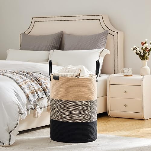 Miniatura 4 de VIPOSCO Cesta alta para ropa sucia, cesta grande para ropa sucia con mango de cuero, cesta de almacenamiento de cuerda tejida para manta, juguete en