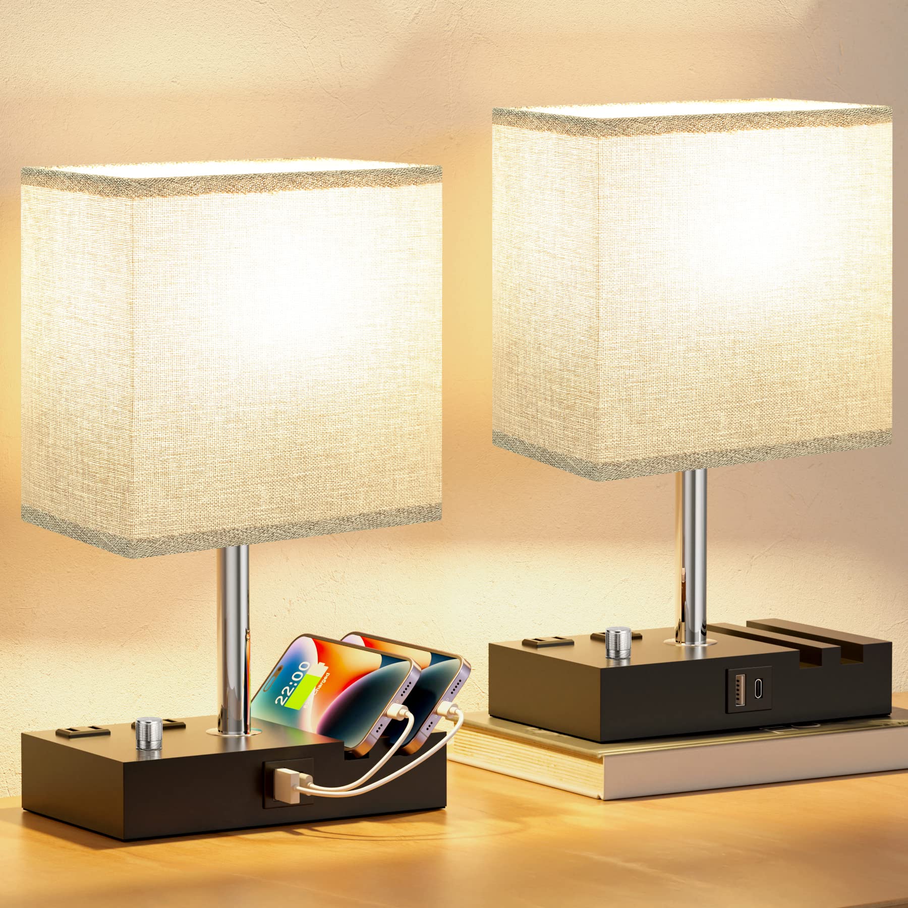 Kakanuo Fully Dimmable Bedside Lamps for Bedroom with USB C Ports, Grey USB Table Lamp Set of 2, Wooden Desk Lamp with 2 Charging Outlets and Phone Stand for Nightstand and Living Room, Bulb Included