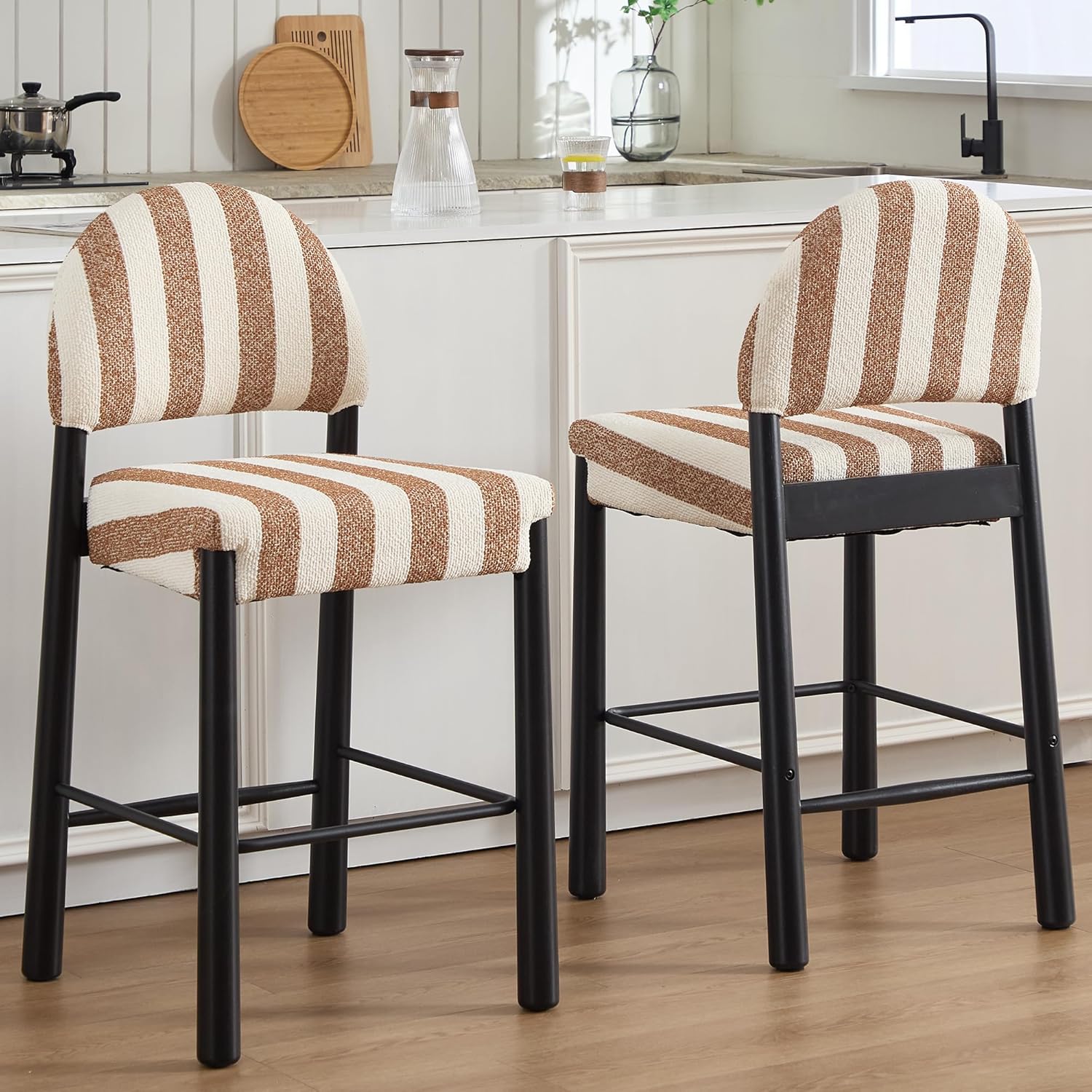 Flouki Farmhouse Counter Stools with Backs, 26" Upholstered Bar Stools Counter Height Set of 2 with Striped Linen, Kitchen Island, Black Wood Legs, Brown and White Striped