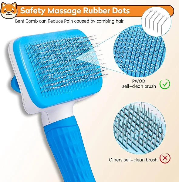 PWOD Dog & Cat Brush, Self Cleaning Slicker Brush for Pets, Upgraded Dog Brush for Shedding Massaging and Grooming, Removes Loose Undercoat & Portable Comb for Long Short Haired Dogs(Blue)