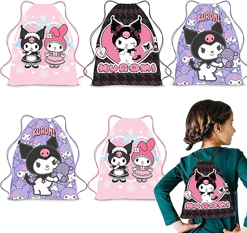 Kuormi - Paquete de 6 bolsas de regalos de fiesta Kawaii, bolsas de golosinas Kuormi y Melody, bolsas con cordón para cumpleaños de niños (3 estilos)