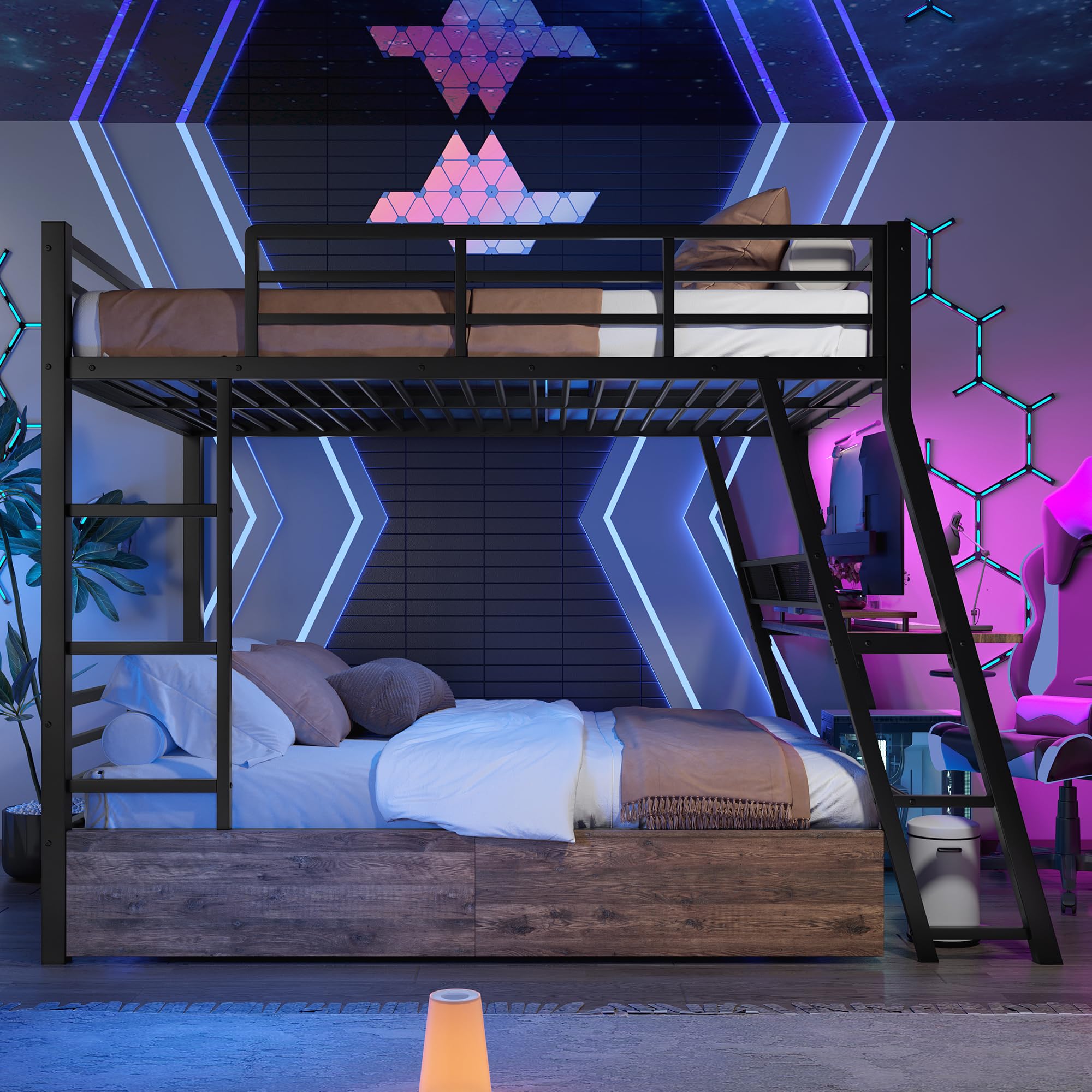 Letto a Soppalco 140x200 cm con LED e cassetti, Letto matrimoniale con scrivania, Letto Bambini con scala e ringhiera, Nero(Senza Materasso)