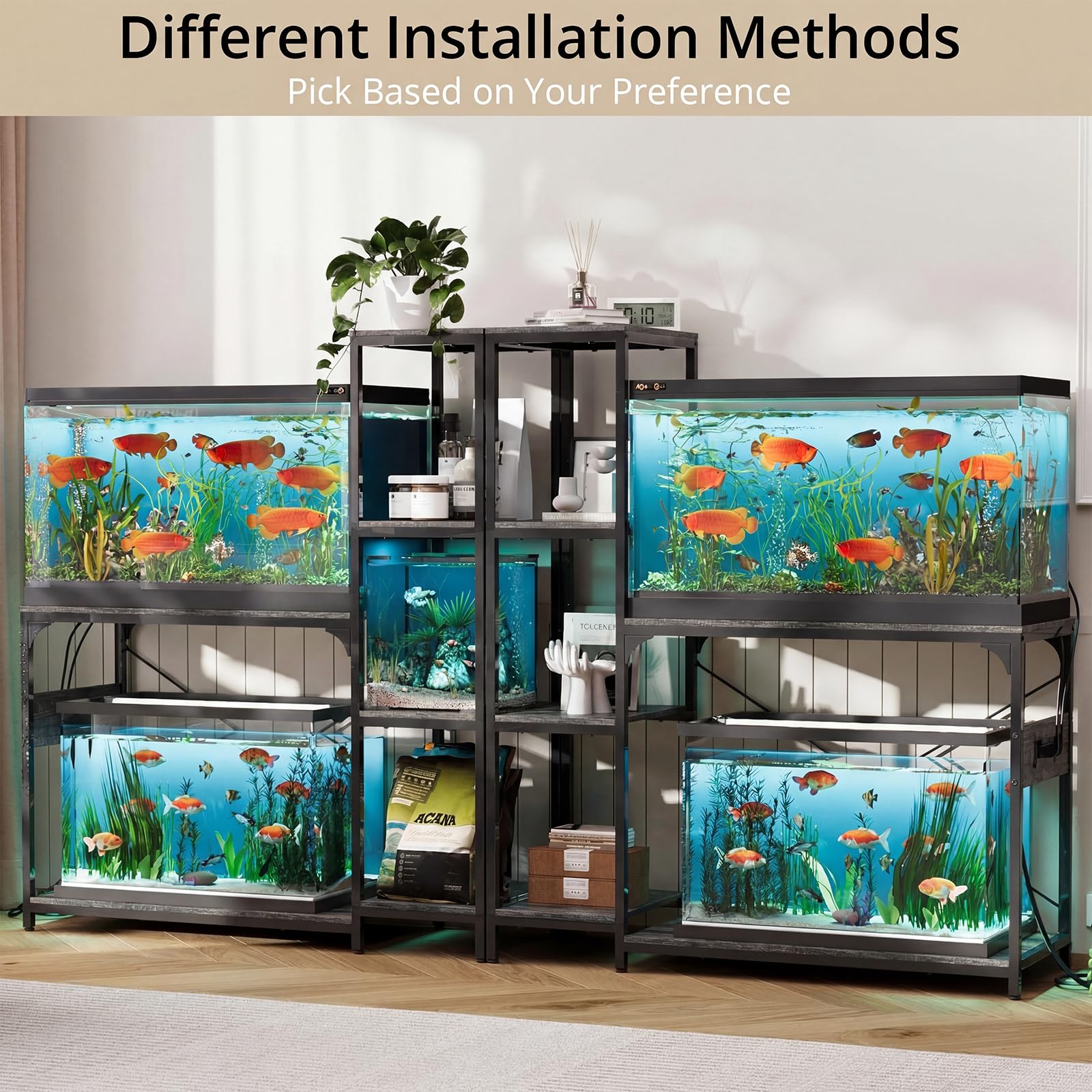 VOWNER Aquarium-Ständer mit Steckdose, Holz, mit Ablagen für Aquarium-Zubehör, robuster Metallrahmen, Schildkröten-Reptilien-Terrarium-Ständer, Tragkraft 227 kg, Grau