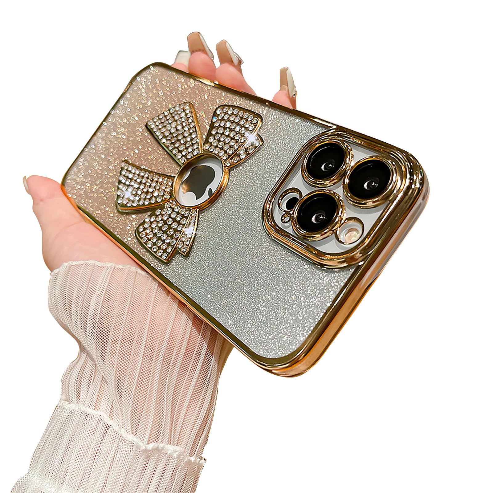 MintBearBling Hollow Bow Phone Case, Sparkly Luxury Bow Case Compatible with iPhone 11 12 13 14 Pro Pro Max - Gold