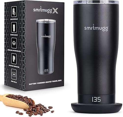 X Taza de café calentada de 19 oz., duración de batería de 8 horas, autocalentamiento, temperatura controlada ajustable, pantalla LCD, ajuste de