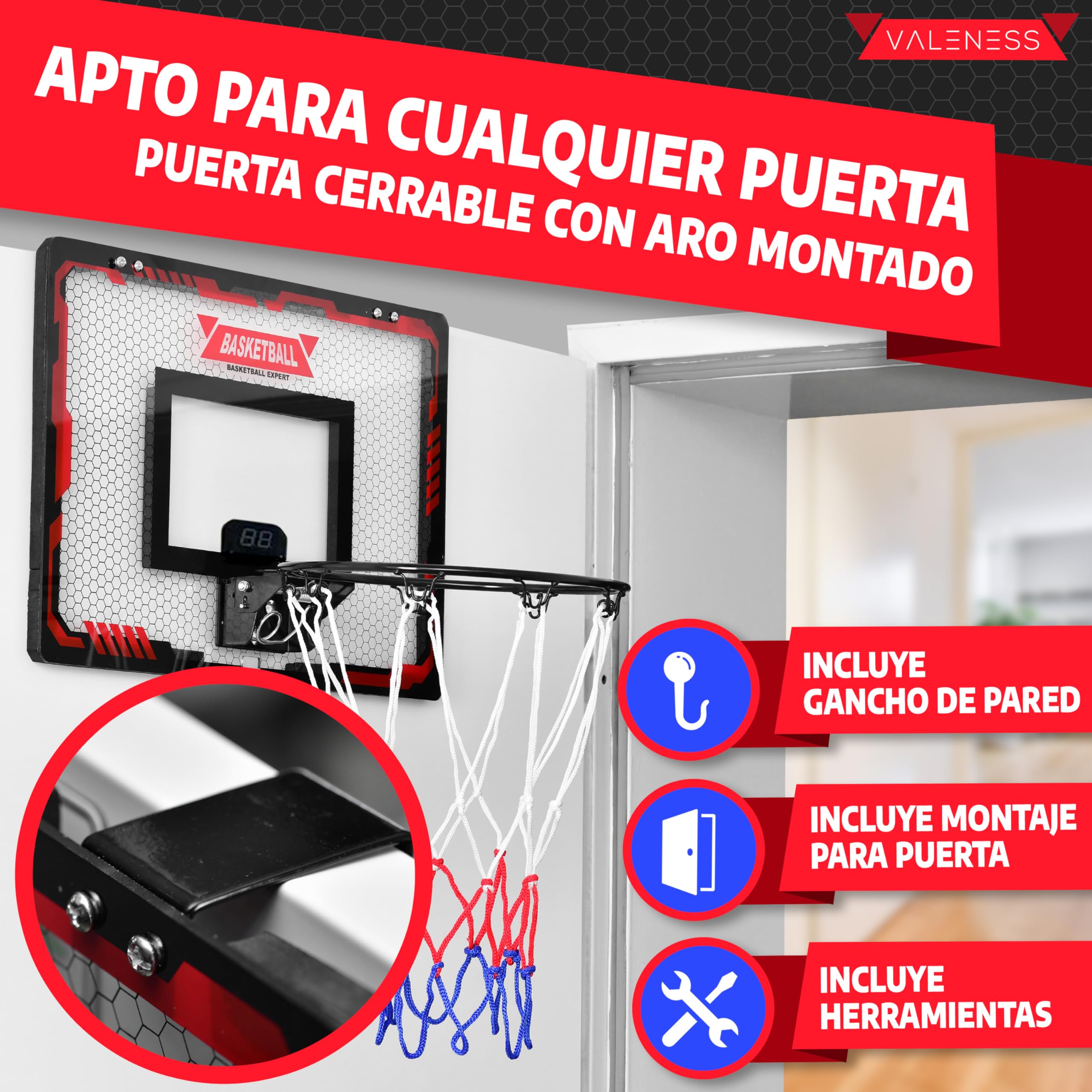 VALENESS® Mini canasta de baloncesto para interior [para puerta y montaje en pared] – pequeña cesta de baloncesto con función oscura, 4 pelotas, bomba y accesorios de fijación – para niños y adultos