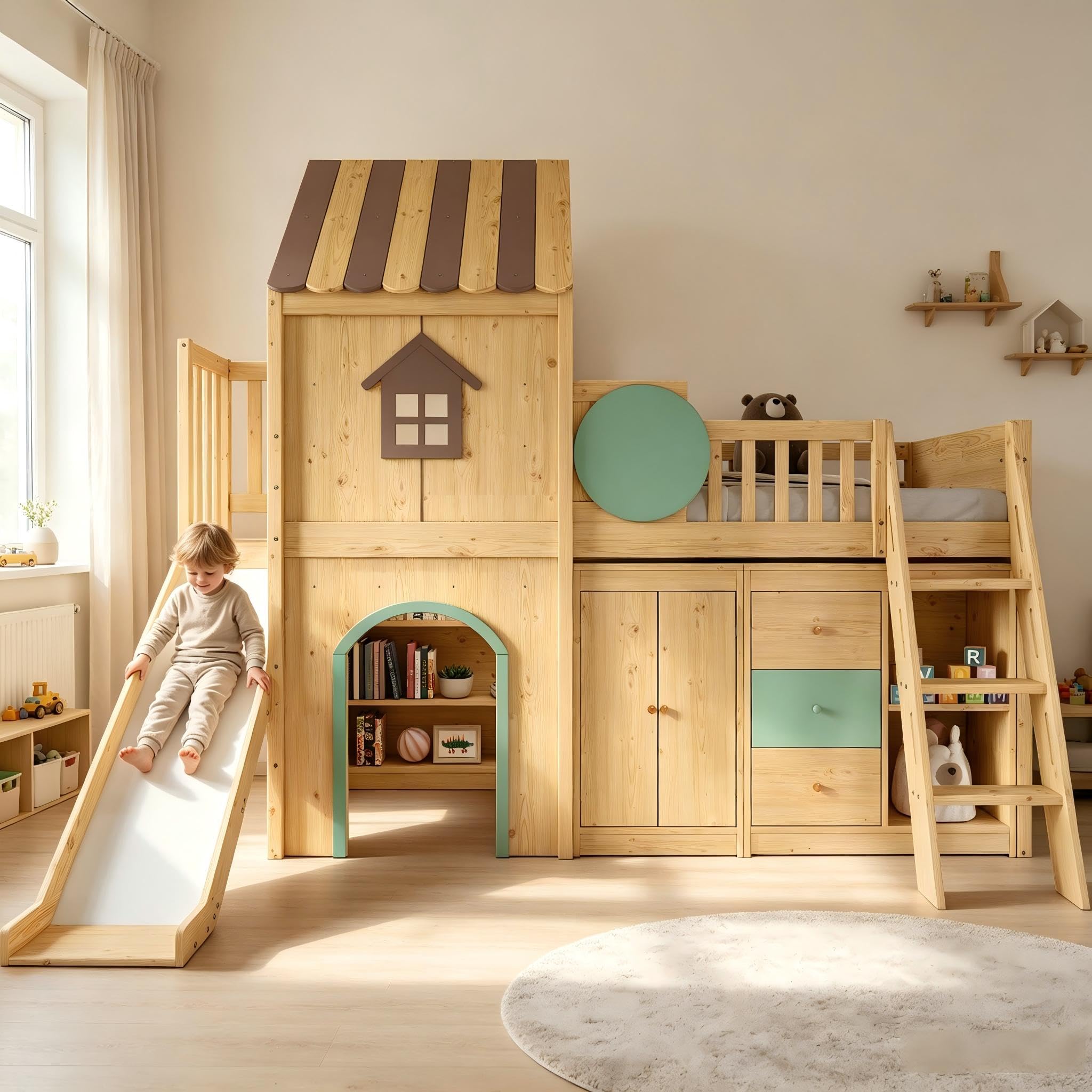 Su & Chan Legence Hochbett 90x200 cm mit Rutsche für Kinder, Hausbett mit dreistufiger Treppe, Kleiderschrank und Schubladen, aus Kiefernholz, in Grün und Naturholz