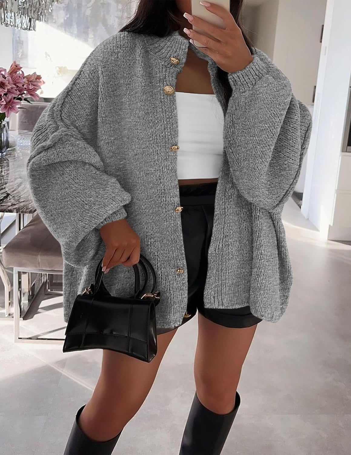 PRETTYGARDEN Women's Winter Button Down Cardigan Sweaters Mock Neck Lantern Long Sleeve Chunky Knit Jacket Trendy Outerwear - Image 2