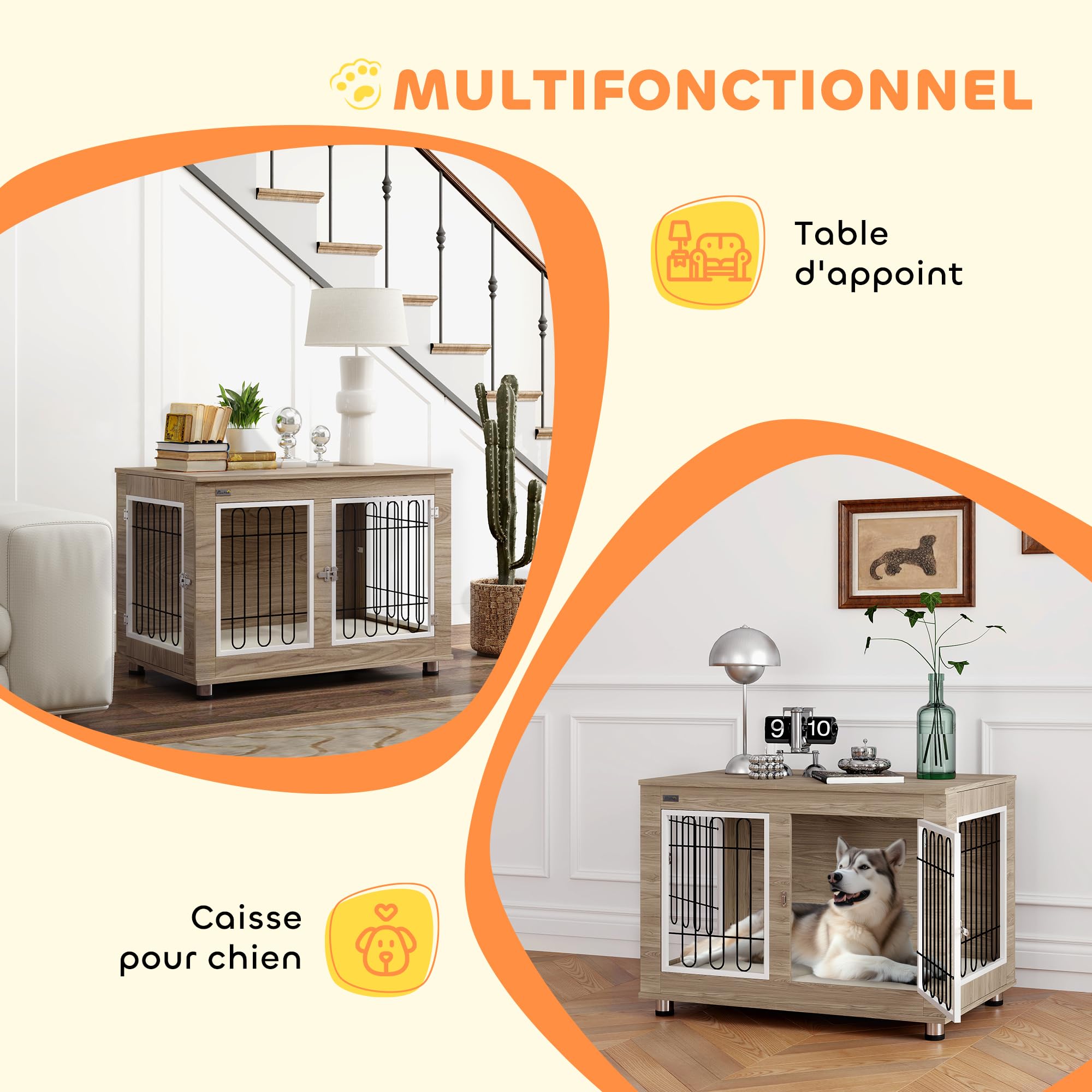 PawHut - Jaula para perro, mueble de jaula para perro, interior, mesa auxiliar multiusos con doble puerta y cojín, para perro, tamaño mediano y grande, 90 x 58 x 65 cm, aspecto nogal