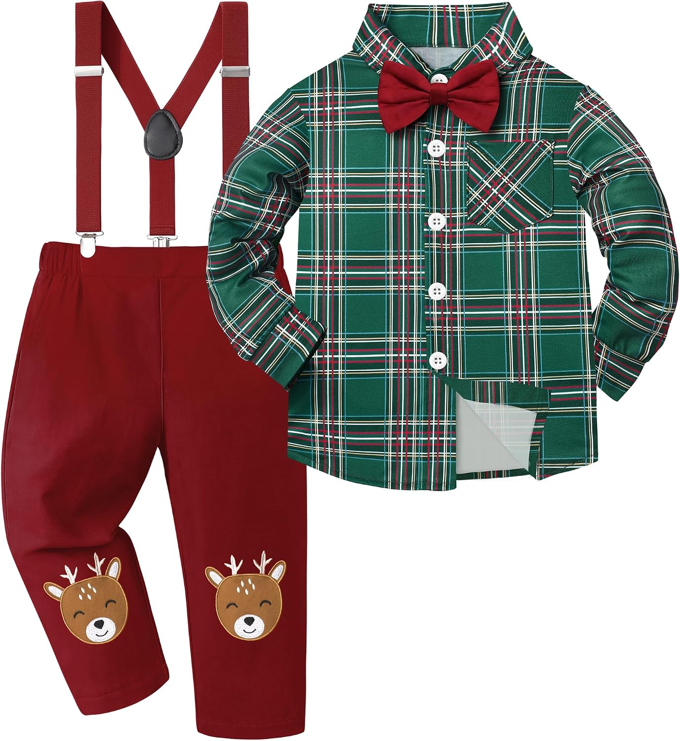 Baby Toddler Boy Christmas Outfit Reindeer Printed Detachable Bow Shirt Top Suspenders Pant Sets Boys Christmas Outfit